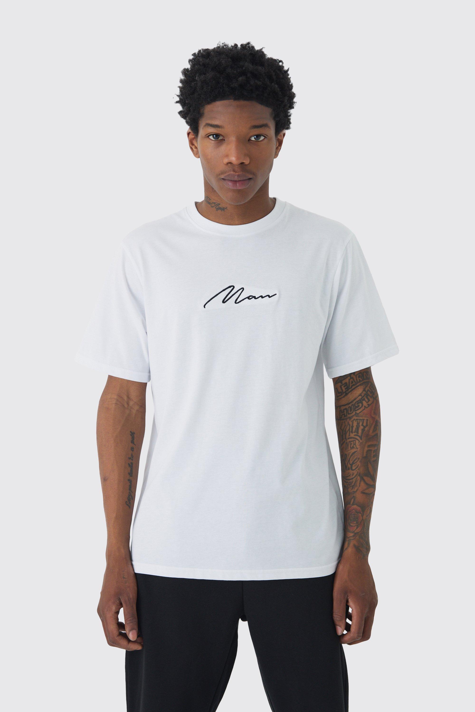 T-shirt con ricamo di firma Man, Bianco