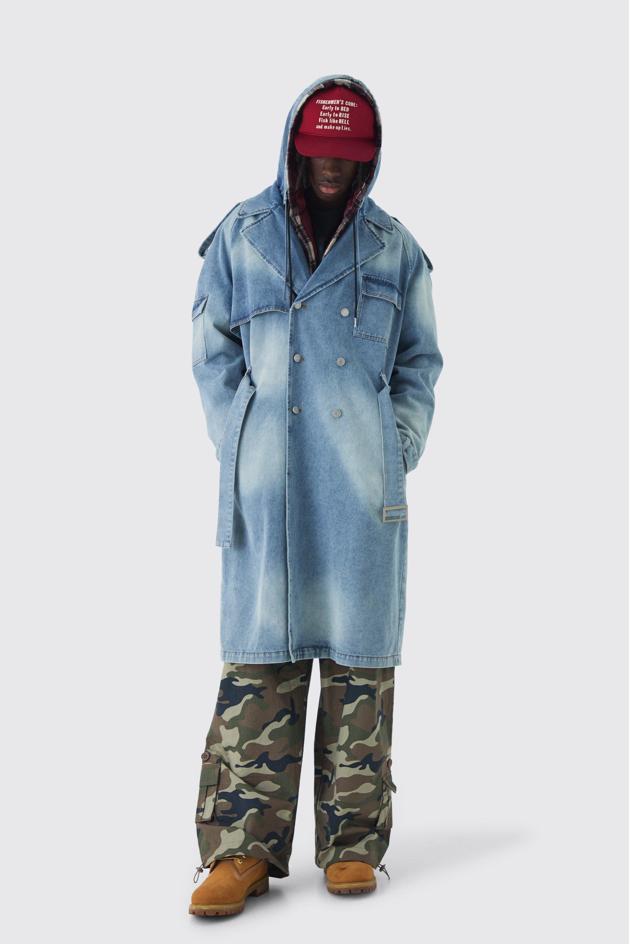 Mens Blue Oversized Hooded Denim Trench Coat, Blue