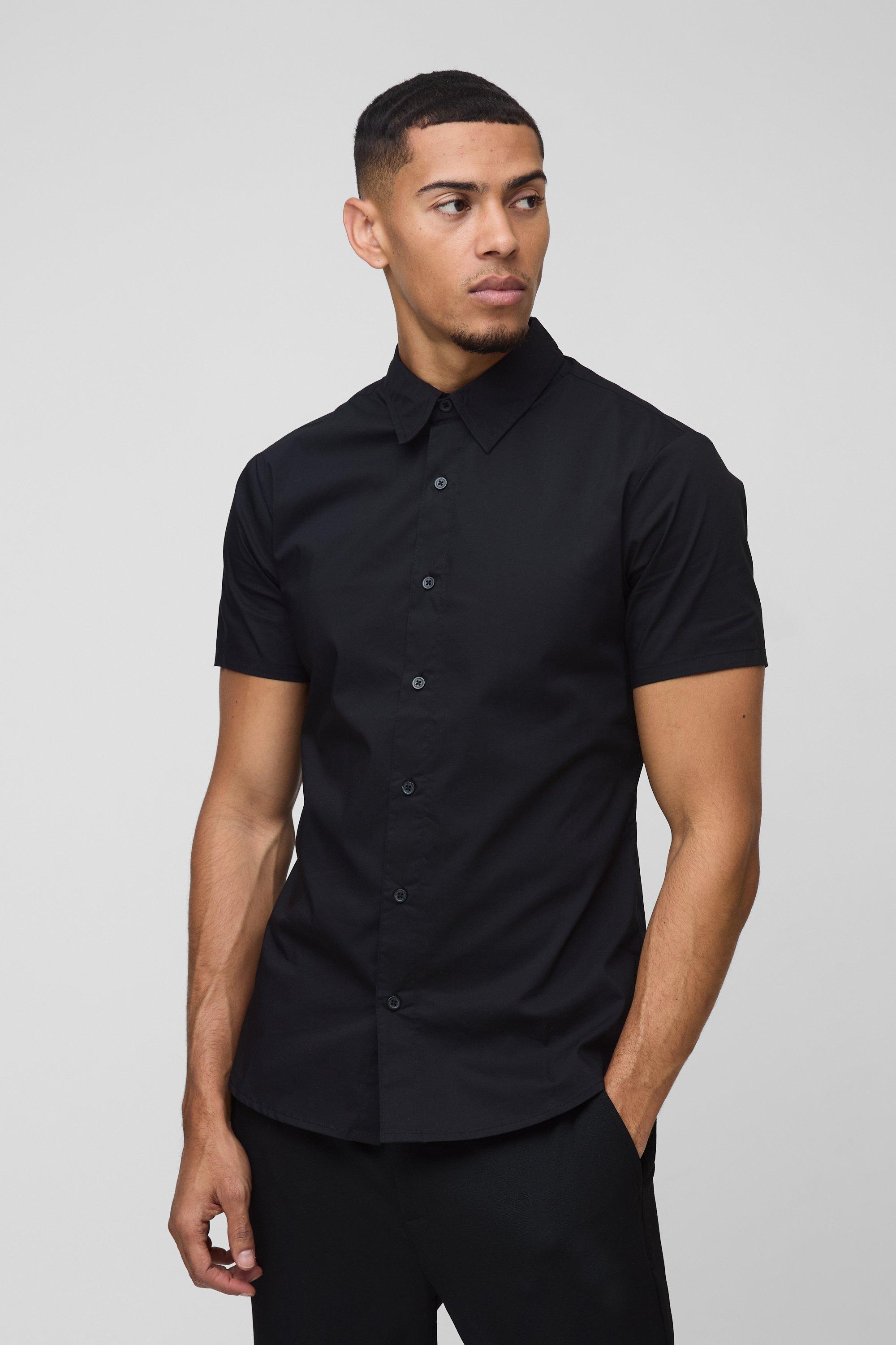 Mens Black Short Sleeve Stretch Fit Shirt, Black