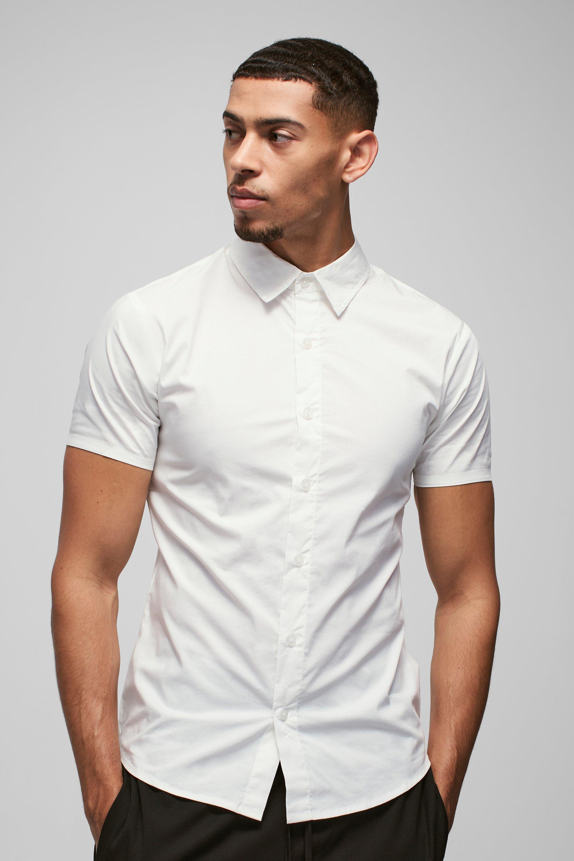 Mens White Short Sleeve Stretch Fit Shirt, White