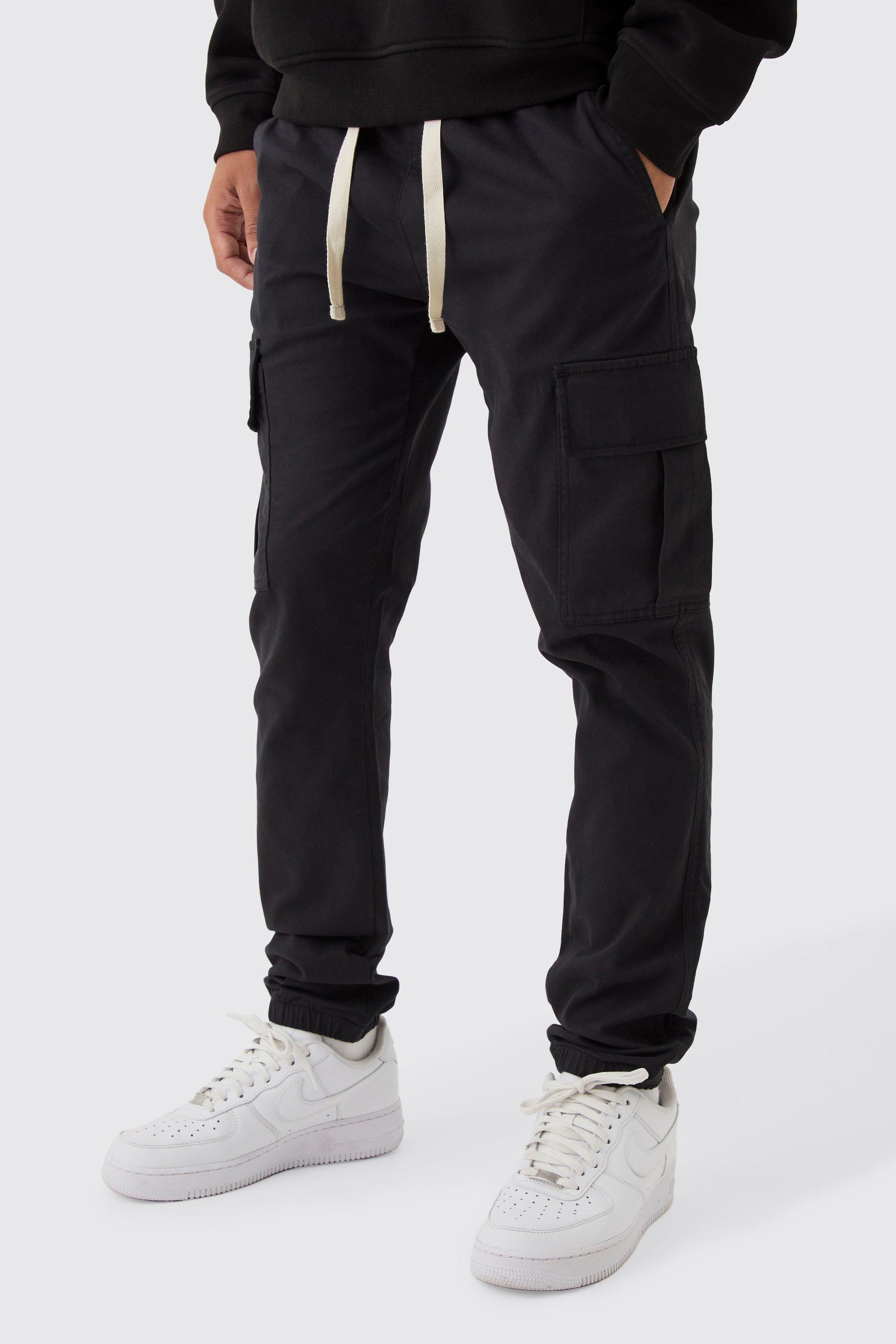 Mens Black Skinny Fit Elasticated Waist Cuffed Cargo Trousers, Black