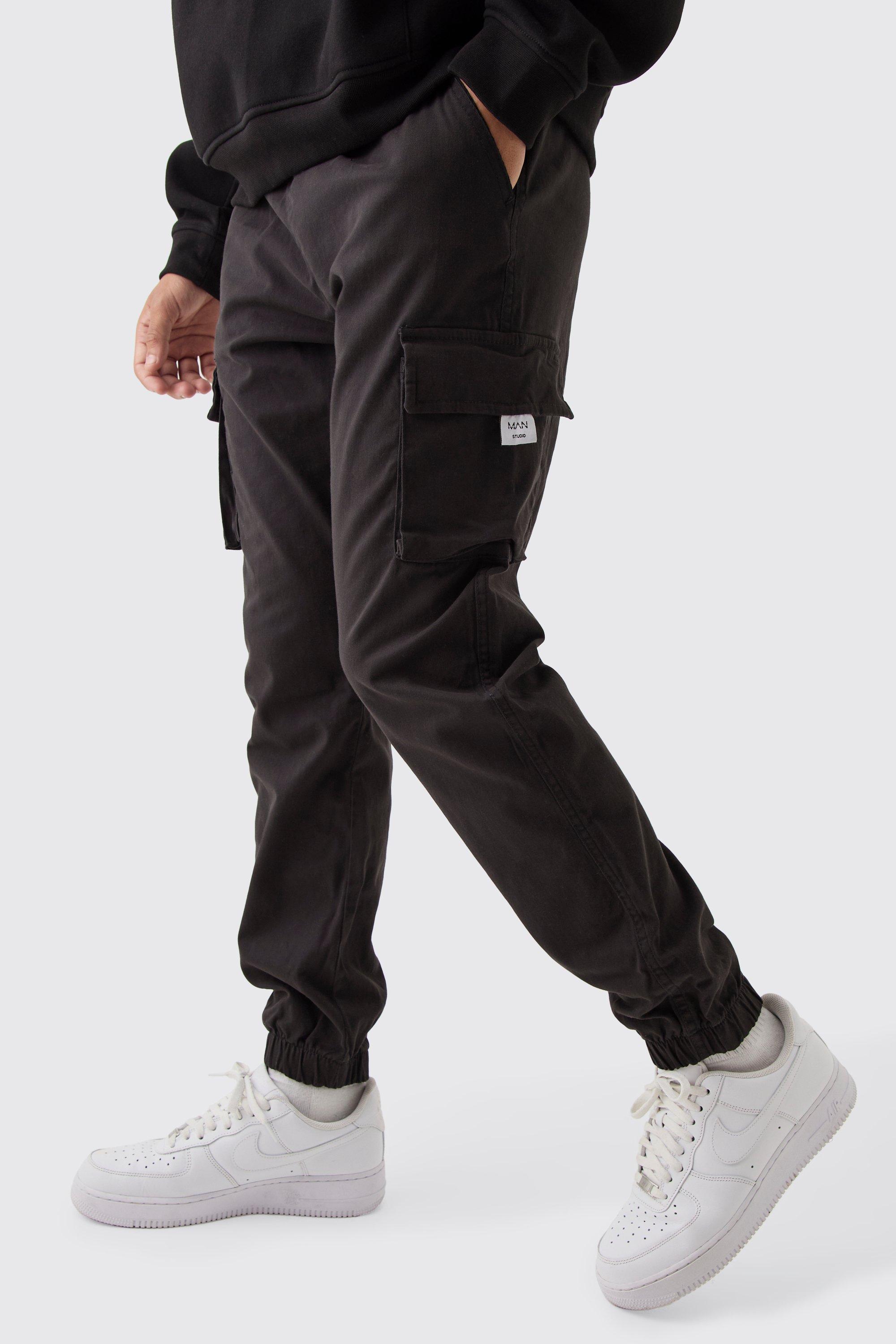 Boohoo Slim Fit Elasticated Waist Woven Tab Cuffed Cargo Pants, Black