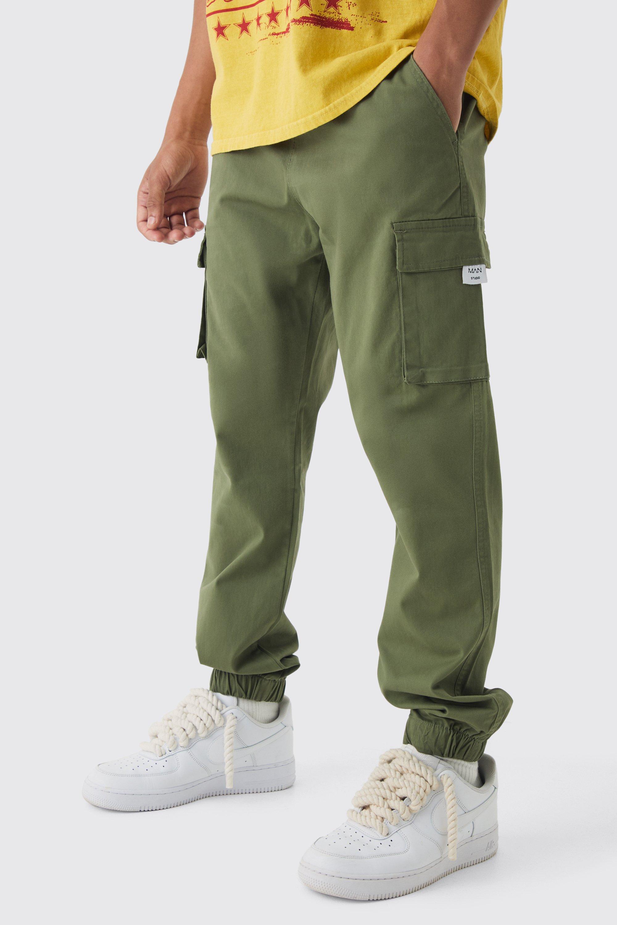 Mens Green Slim Fit Elasticated Waist Woven Tab Cuffed Cargo Trousers, Green