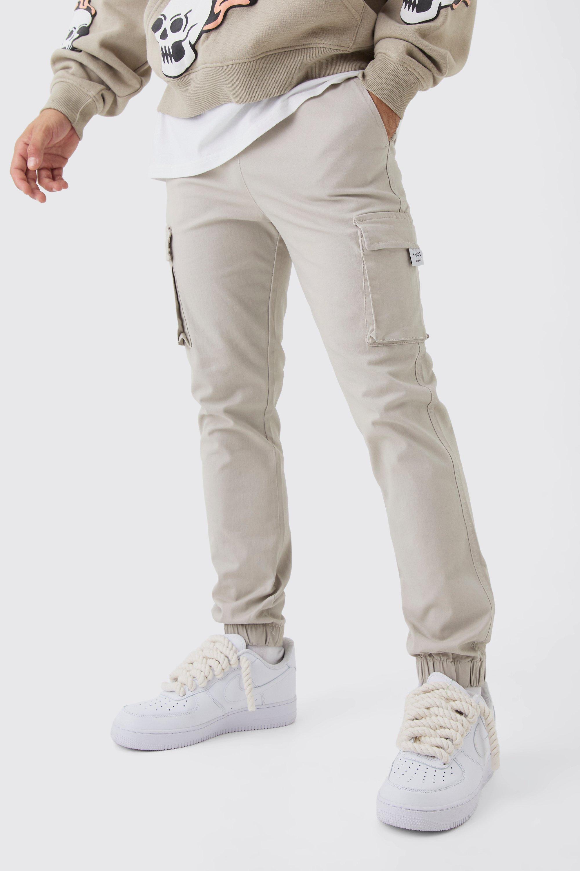 Mens Beige Slim Fit Elasticated Waist Woven Tab Cuffed Cargo Trousers, Beige