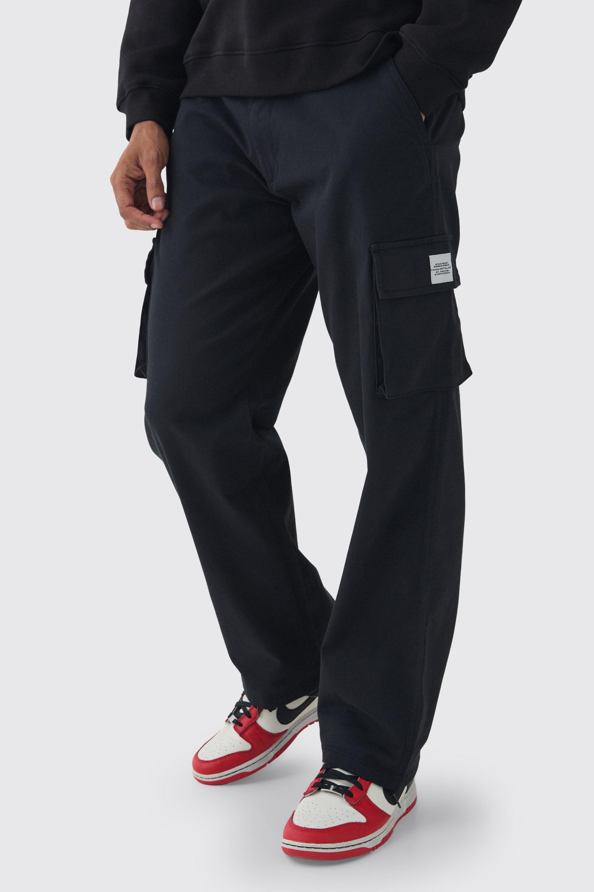 Mens Black Relaxed Fit Fixed Waist Woven Tab Cargo Trousers, Black