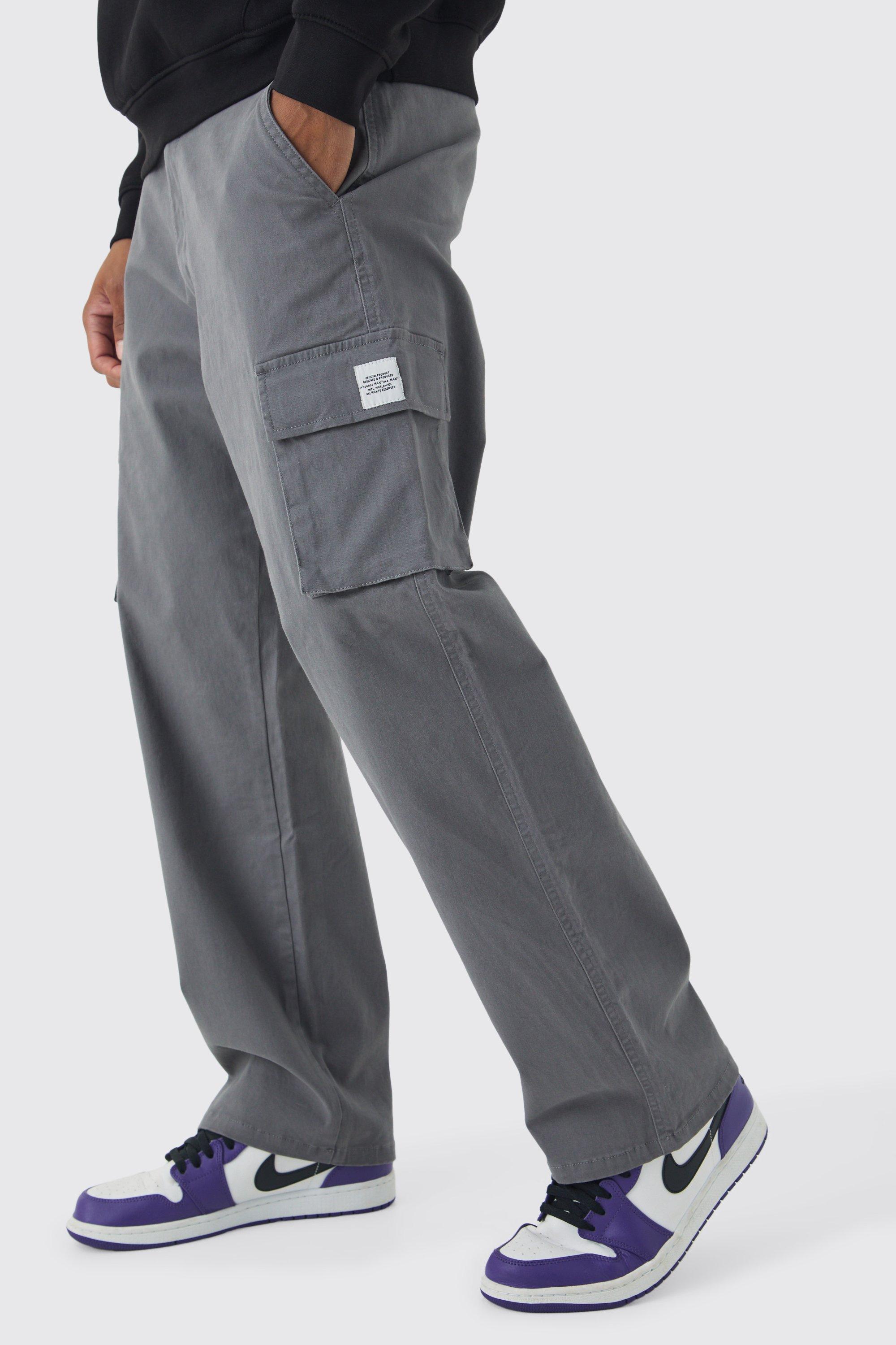 Pantaloni Cargo rilassati con vita fissa e etichetta intessuta, Grigio