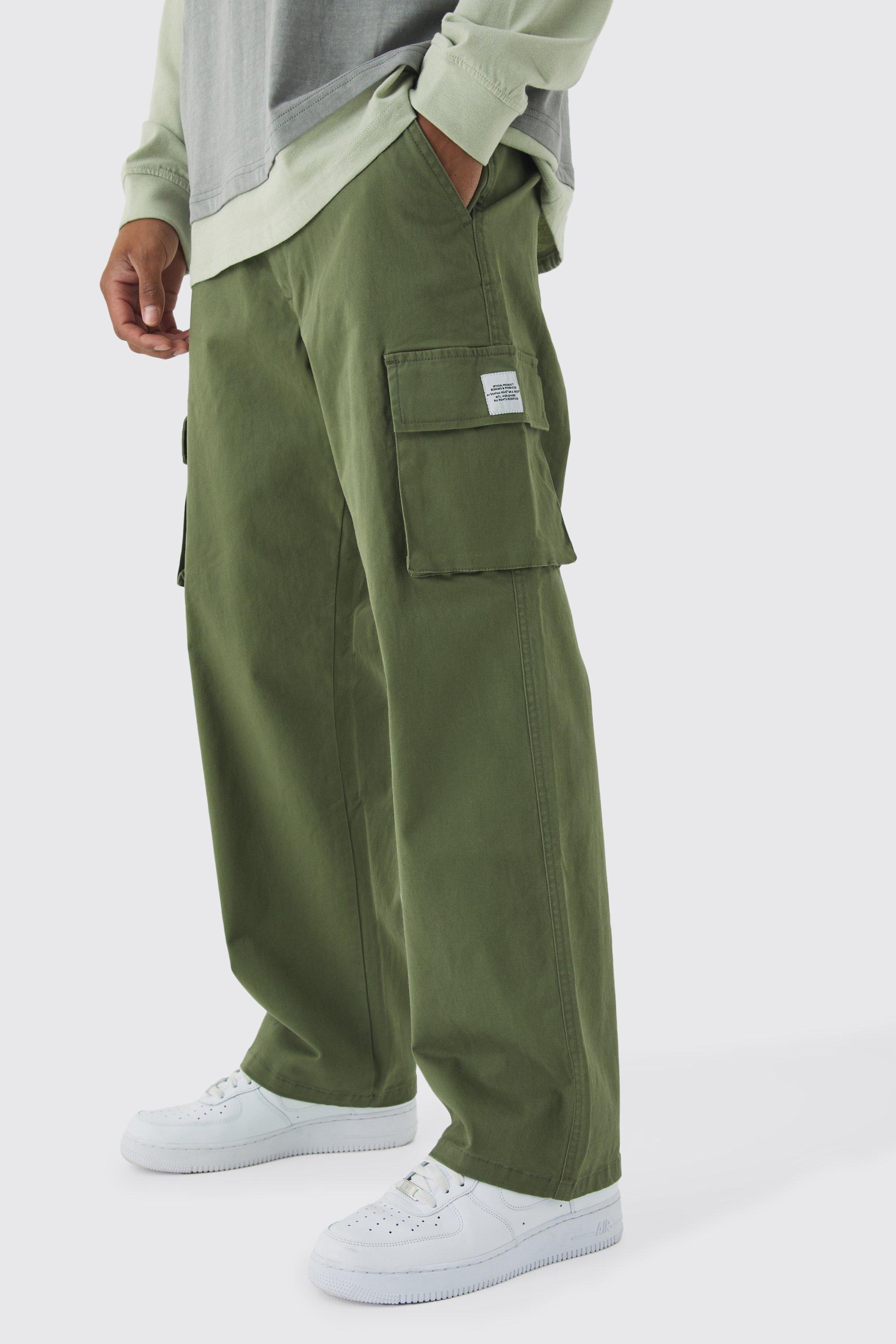 Pantaloni Cargo rilassati con vita fissa e etichetta intessuta, Verde