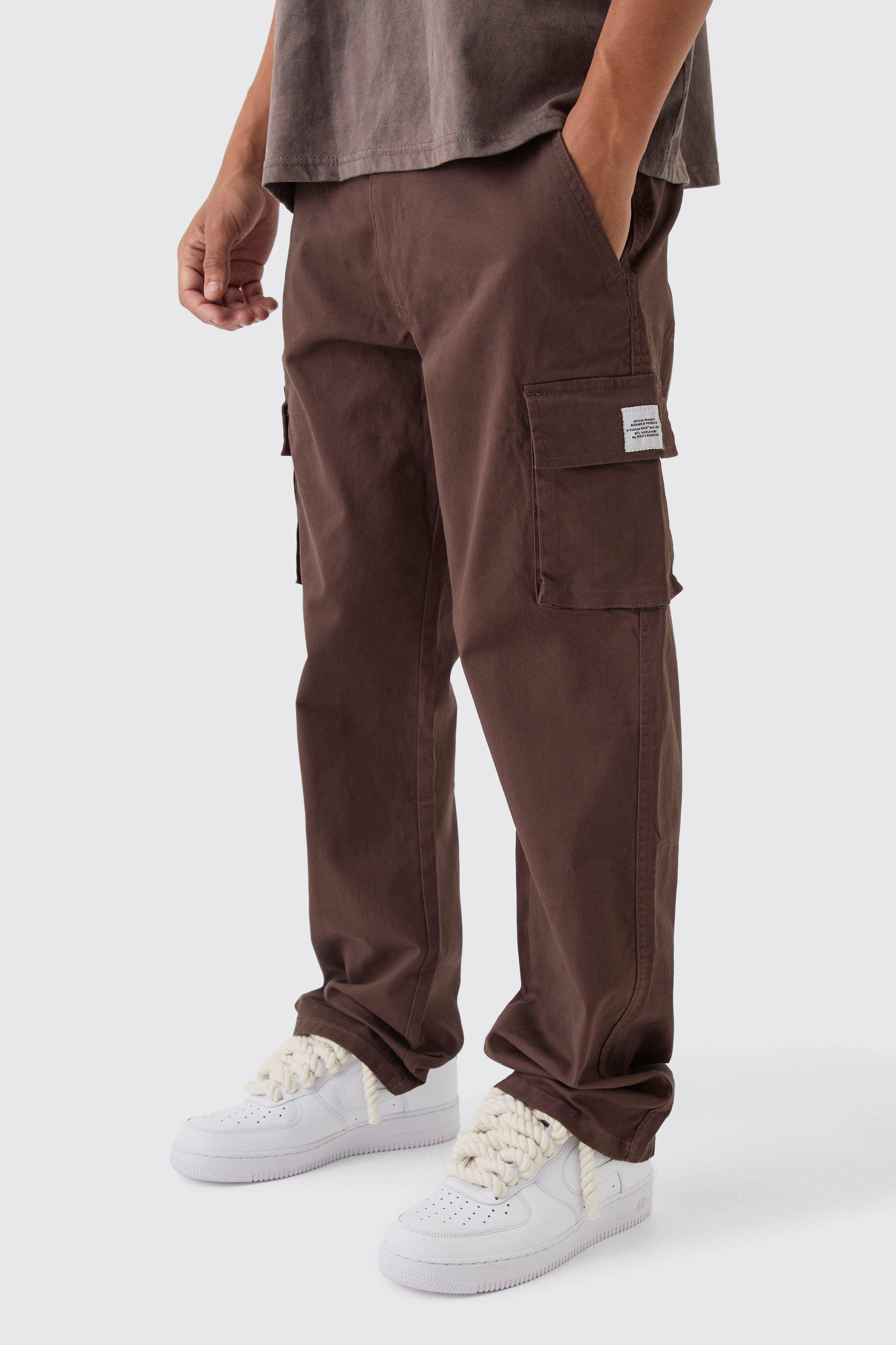 Mens Brown Relaxed Fit Fixed Waist Woven Tab Cargo Trousers, Brown