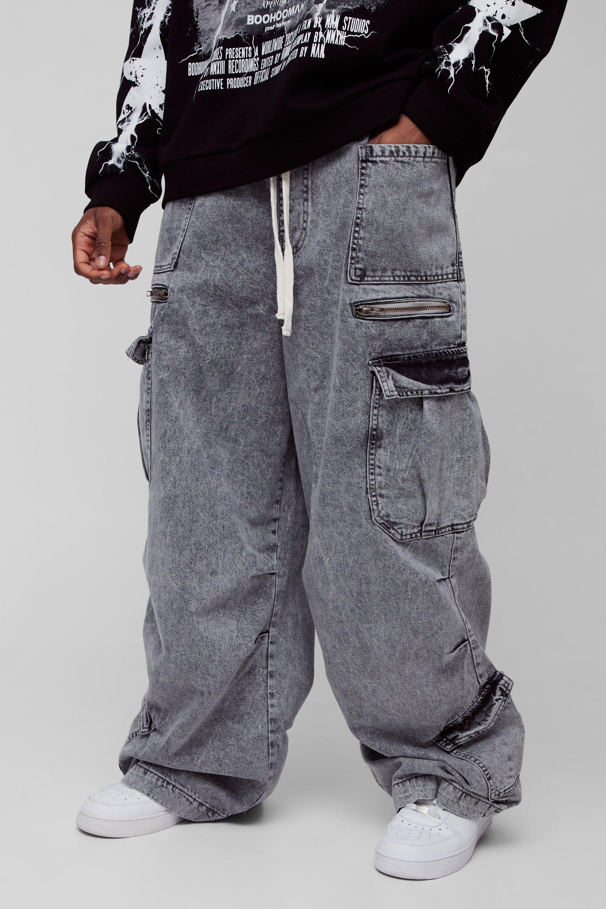 Mens Grey Tall Elasticated Waist Acid Wash Parachute Cargo Jeans, Grey