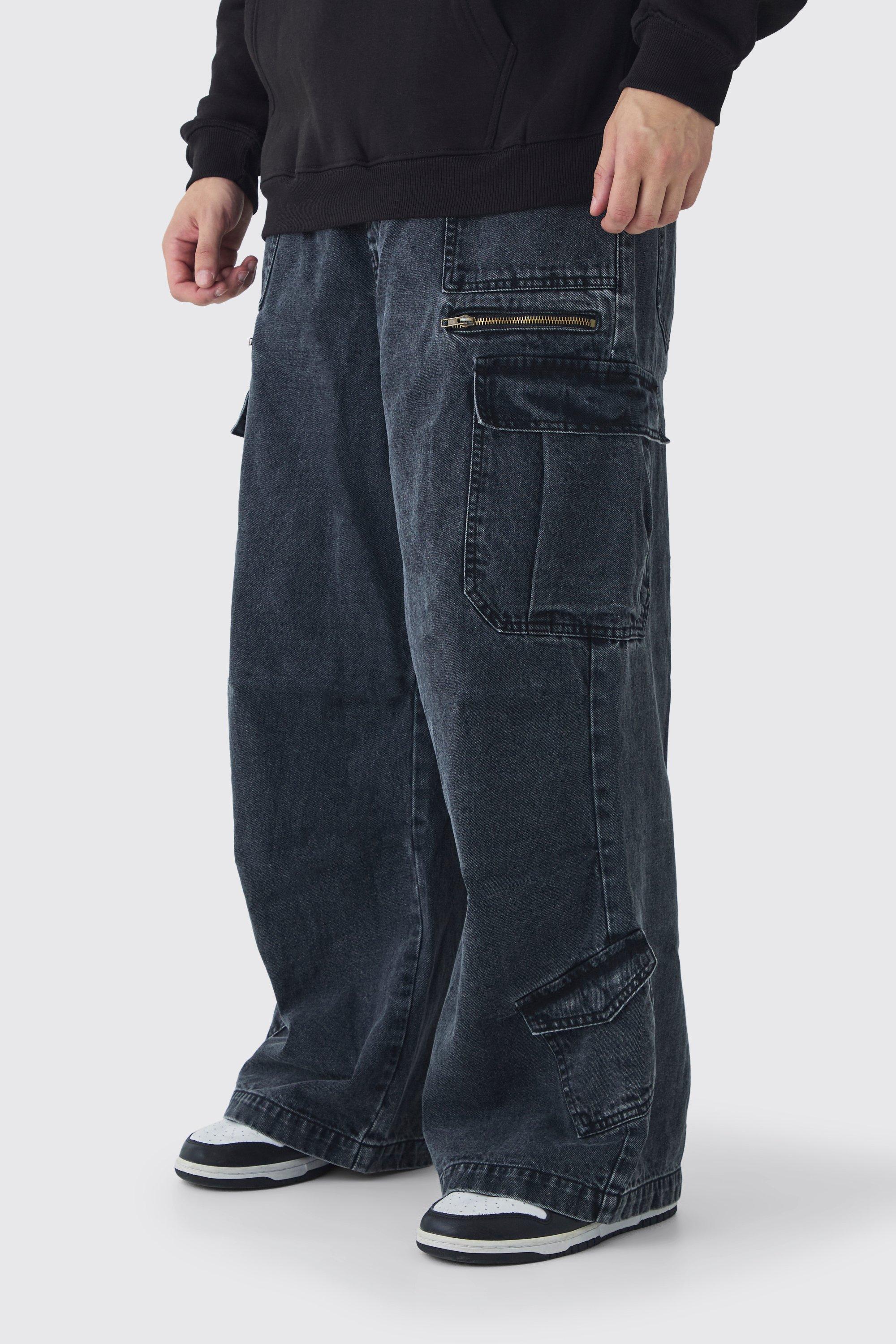 Mens Black Tall Elasticated Waist Acid Wash Parachute Cargo Jeans, Black