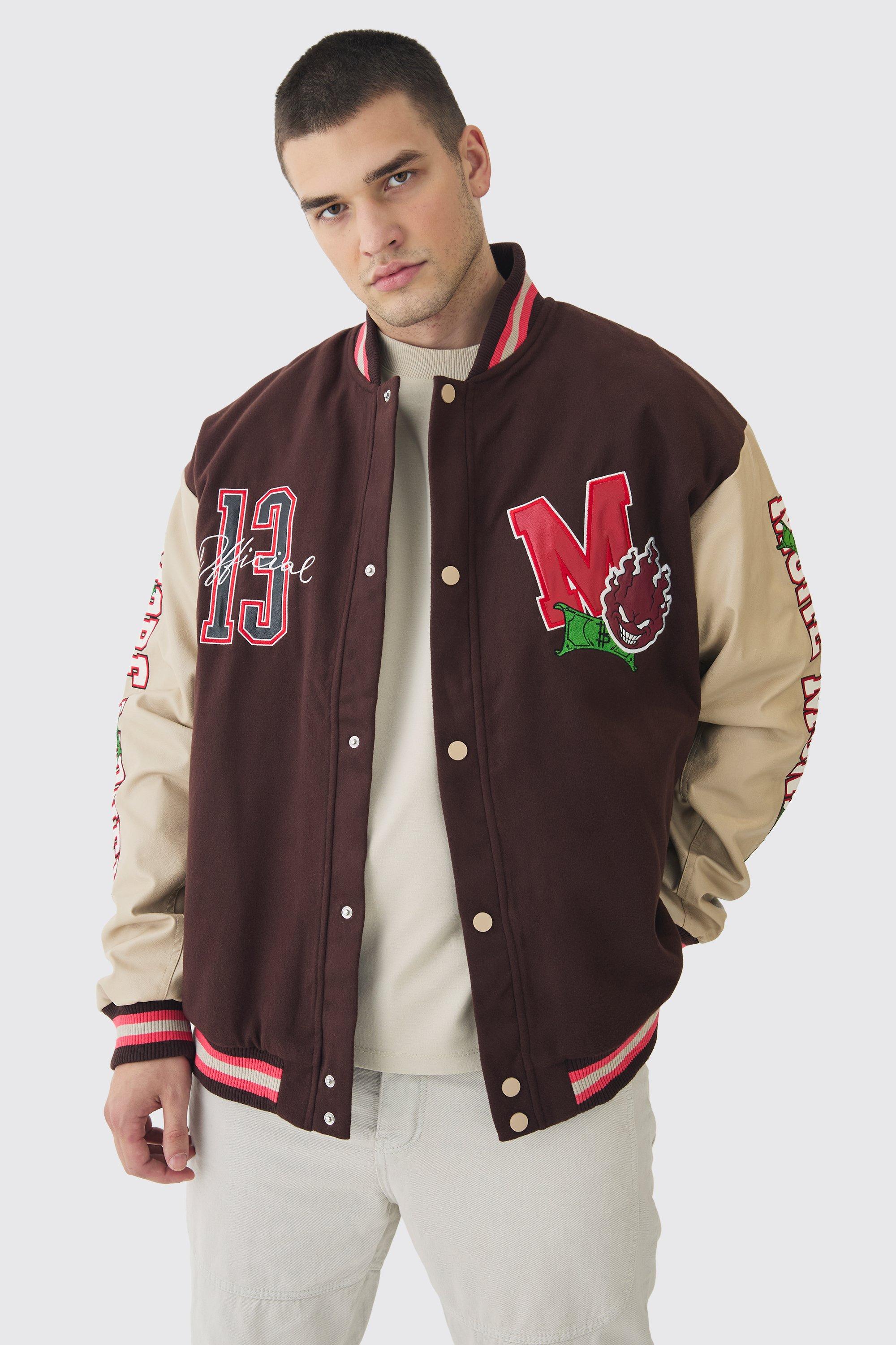 Giacca Bomber Tall stile Varsity con maniche in PU e applique, Brown