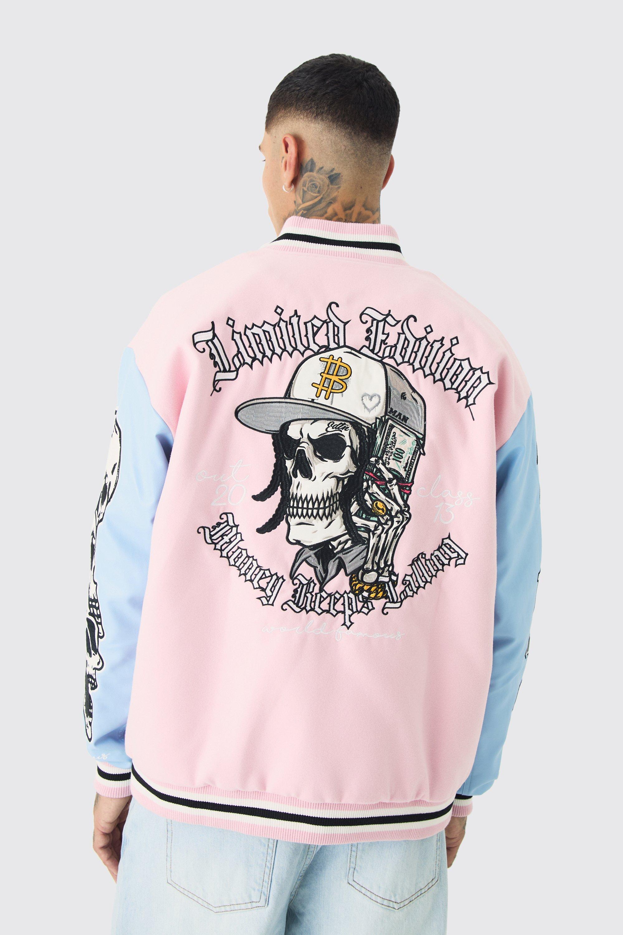 Giacca Bomber Tall Limited Edition con applique di teschio e maniche in PU, Pink