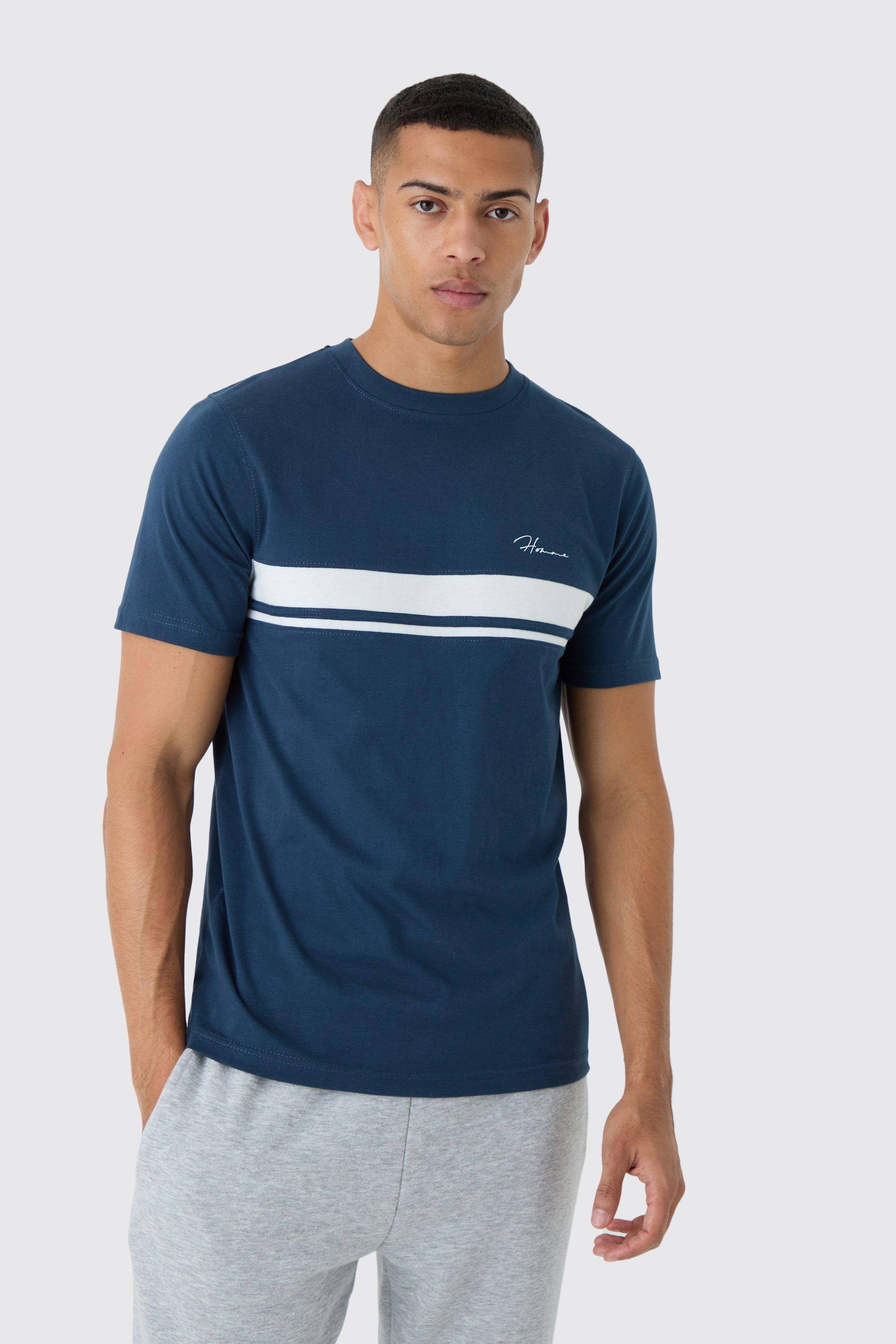 Mens Navy Slim Homme Script Colour Block T-shirt, Navy