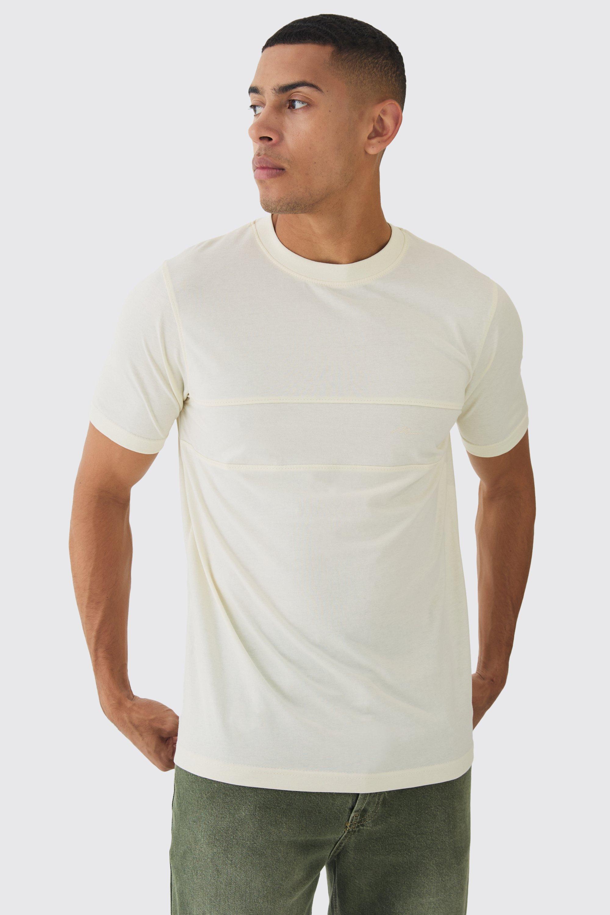 Mens Cream Man Script Slim Colour Block T-shirt, Cream