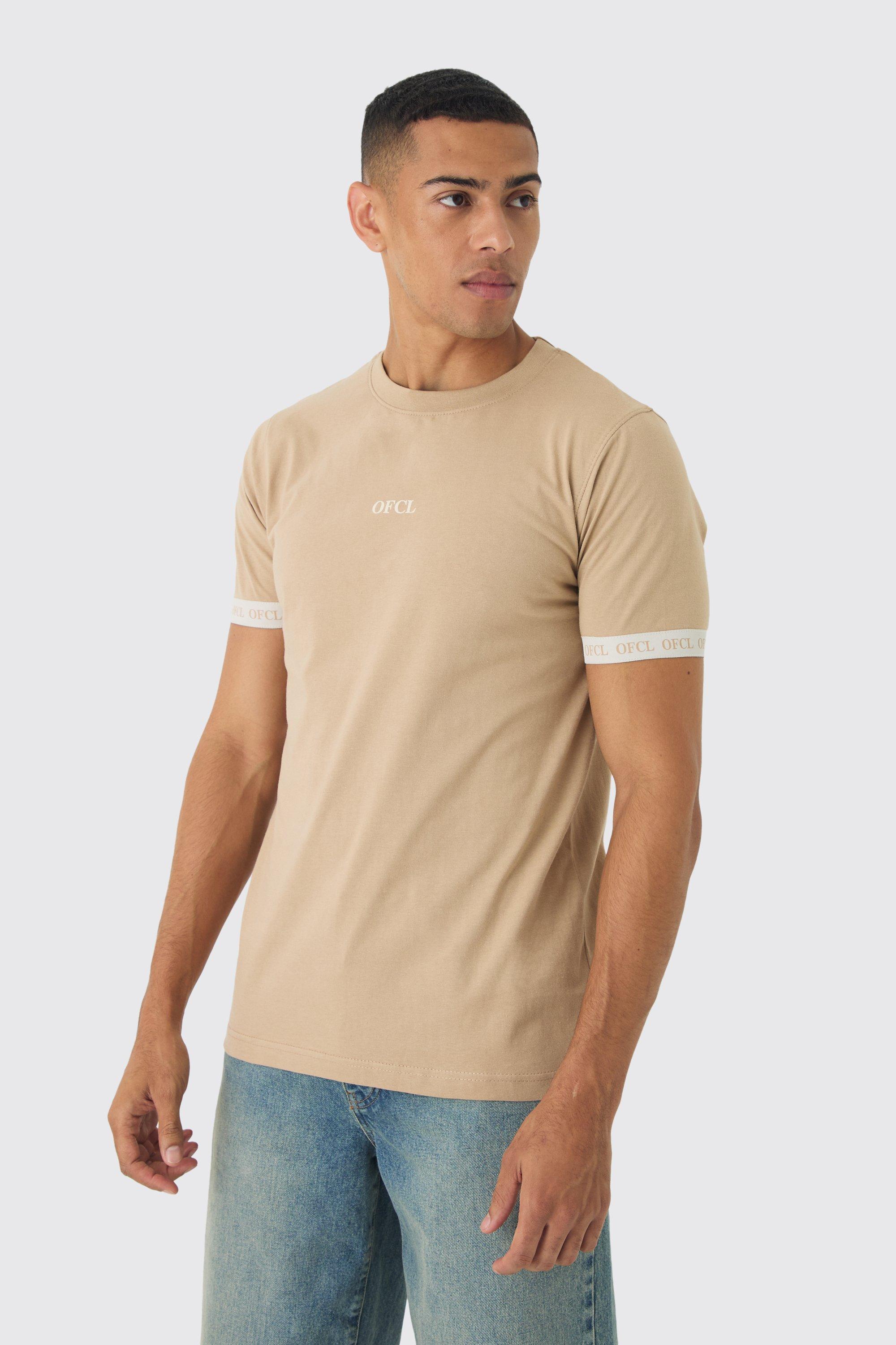 Mens Beige Slim OFCL Tape T-shirt, Beige