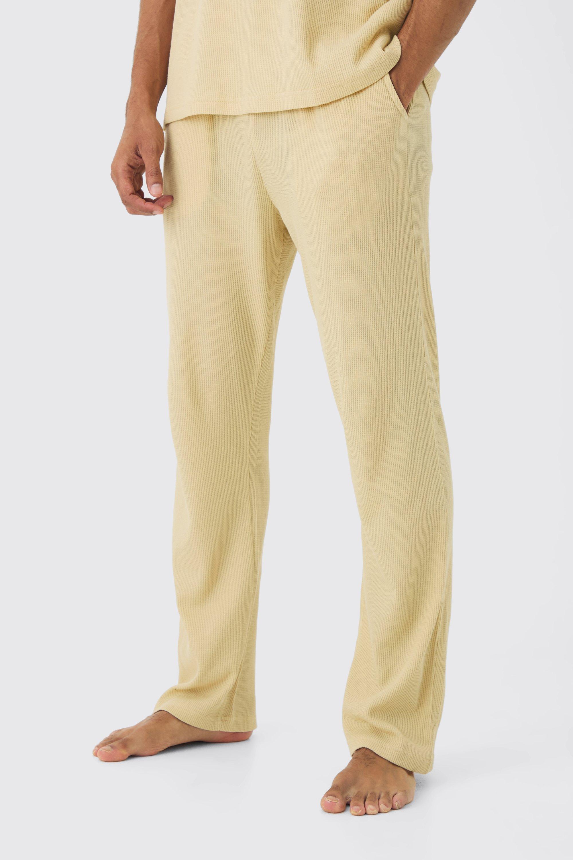 Mens Beige Relaxed Fit Waffle Jersey Bottoms, Beige