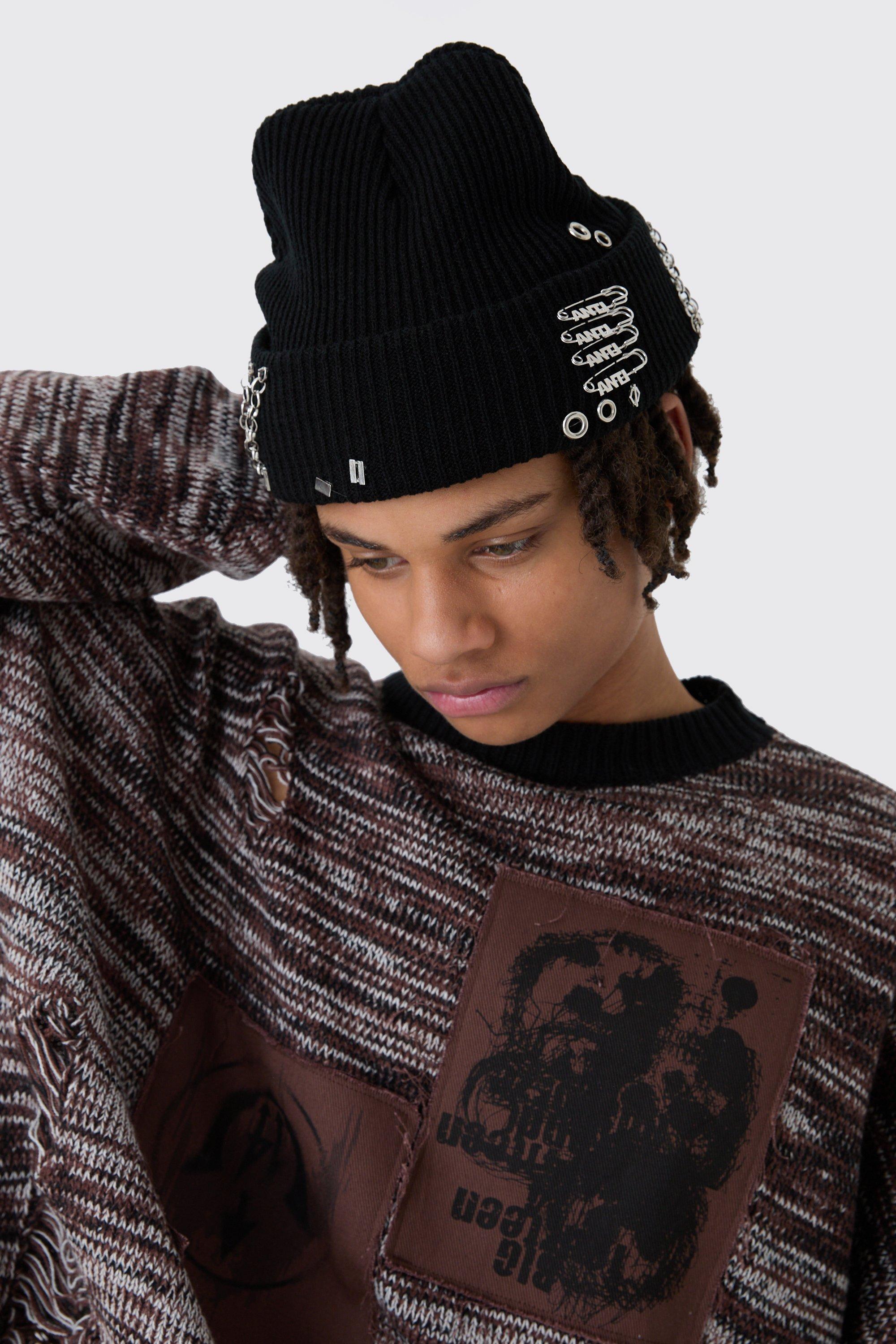 Mens Chain And Pin Detail Beanie In Black, Black