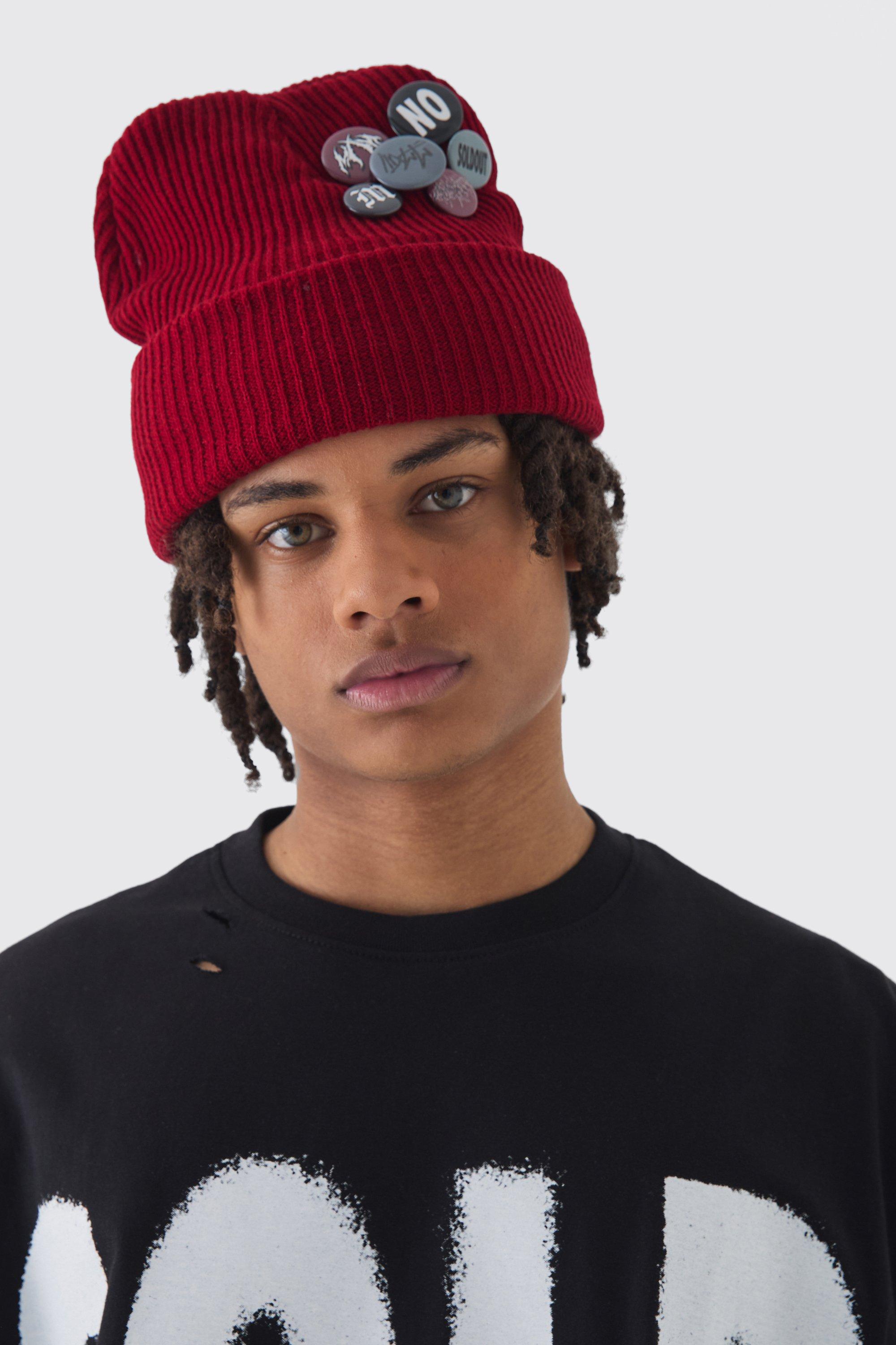 Mens Badge And Pin Detail Beanie In Red, Red