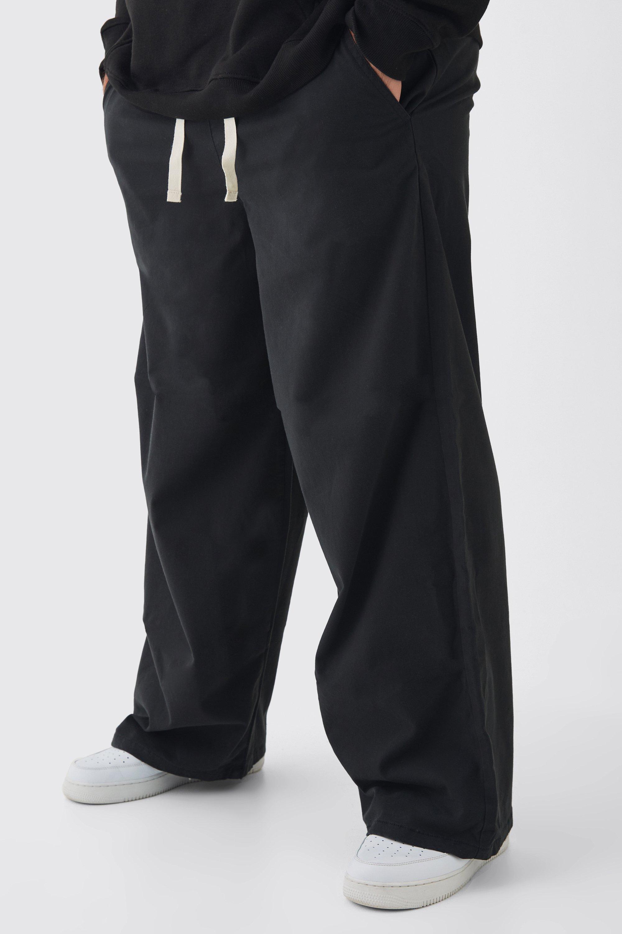 Mens Black Plus Baggy Fit Elasticated Waist Contrast Drawcord Trousers, Black