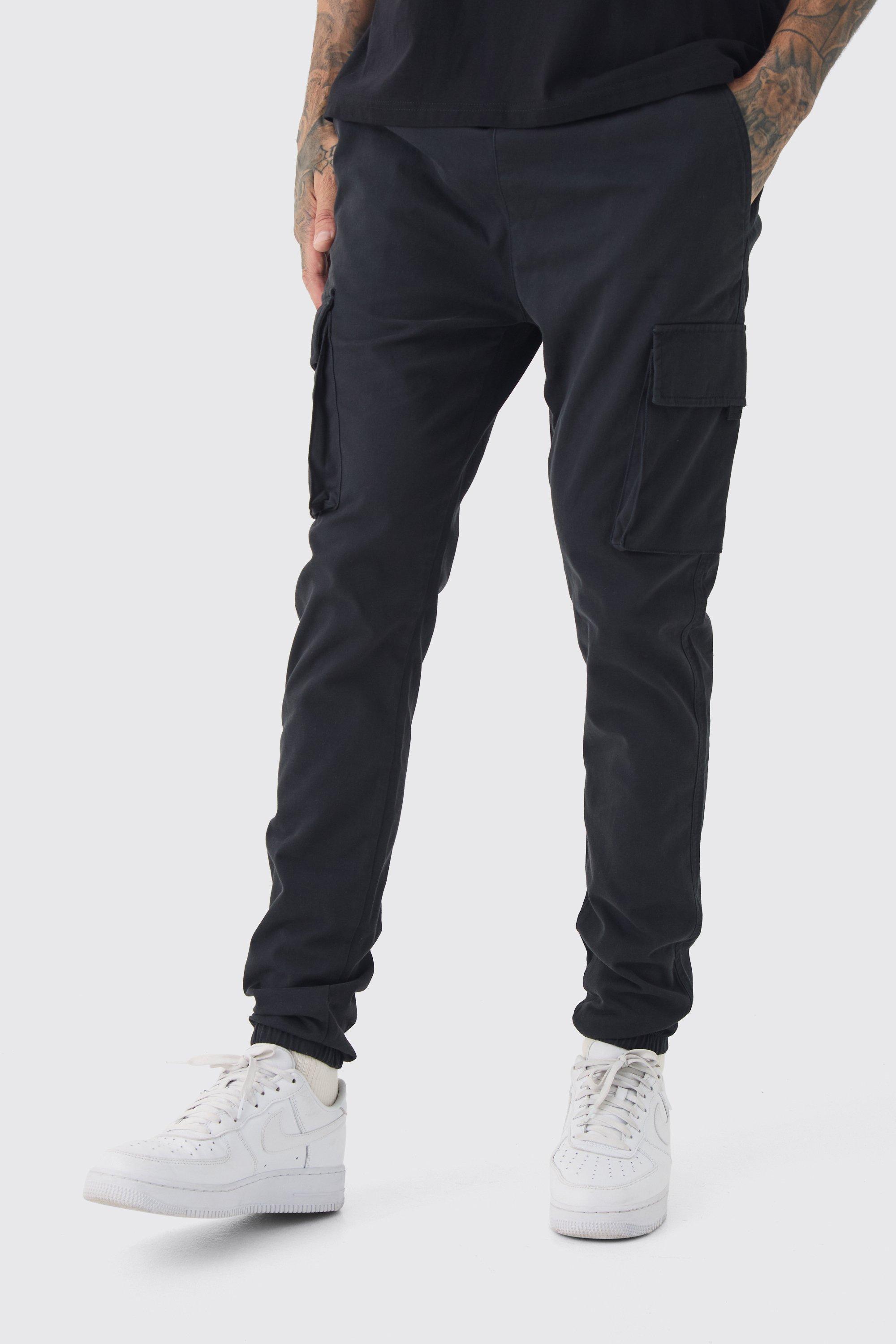 Mens Black Tall Skinny Fit Elasticated Waist Cuffed Cargo Trousers, Black