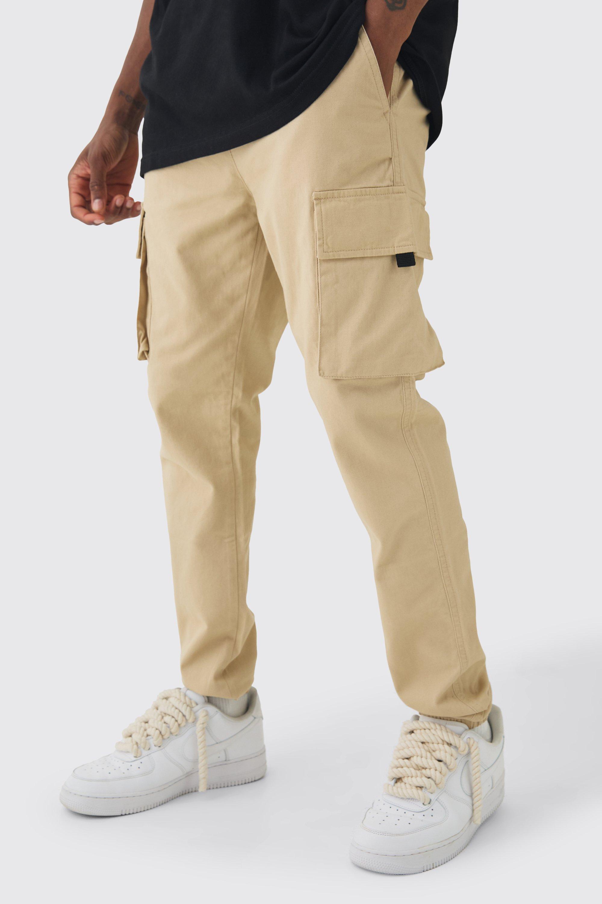 Mens Beige Tall Skinny Fit Elasticated Waist Cuffed Cargo Trousers, Beige