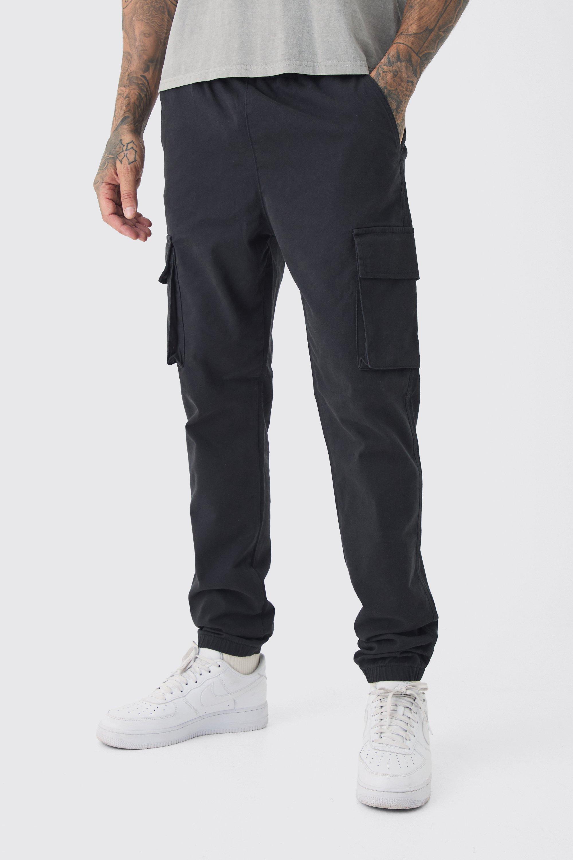 Mens Black Tall Slim Fit Elasticated Waist Cuffed Cargo Trousers, Black