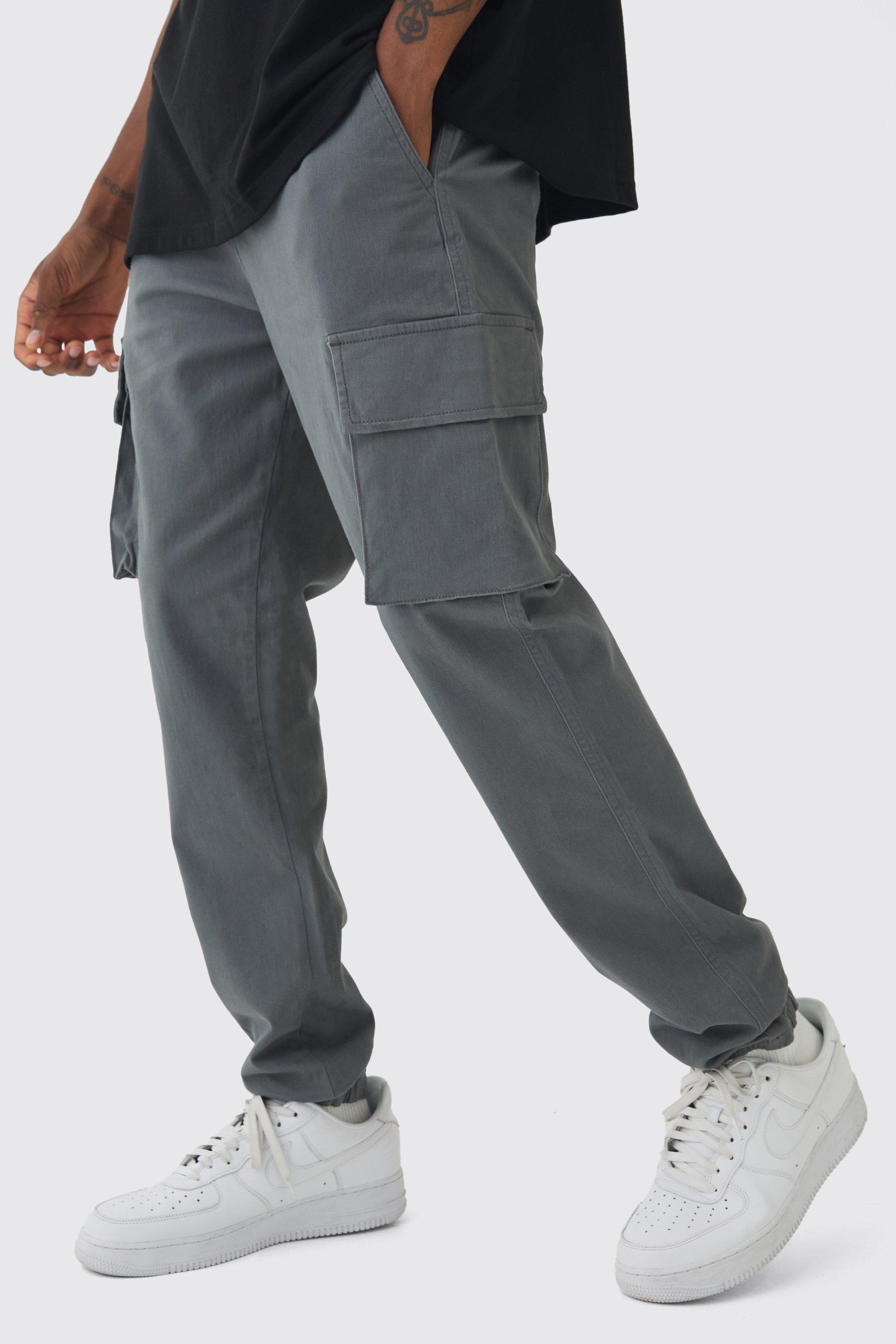 Mens Grey Tall Slim Fit Elasticated Waist Cuffed Cargo Trousers, Grey