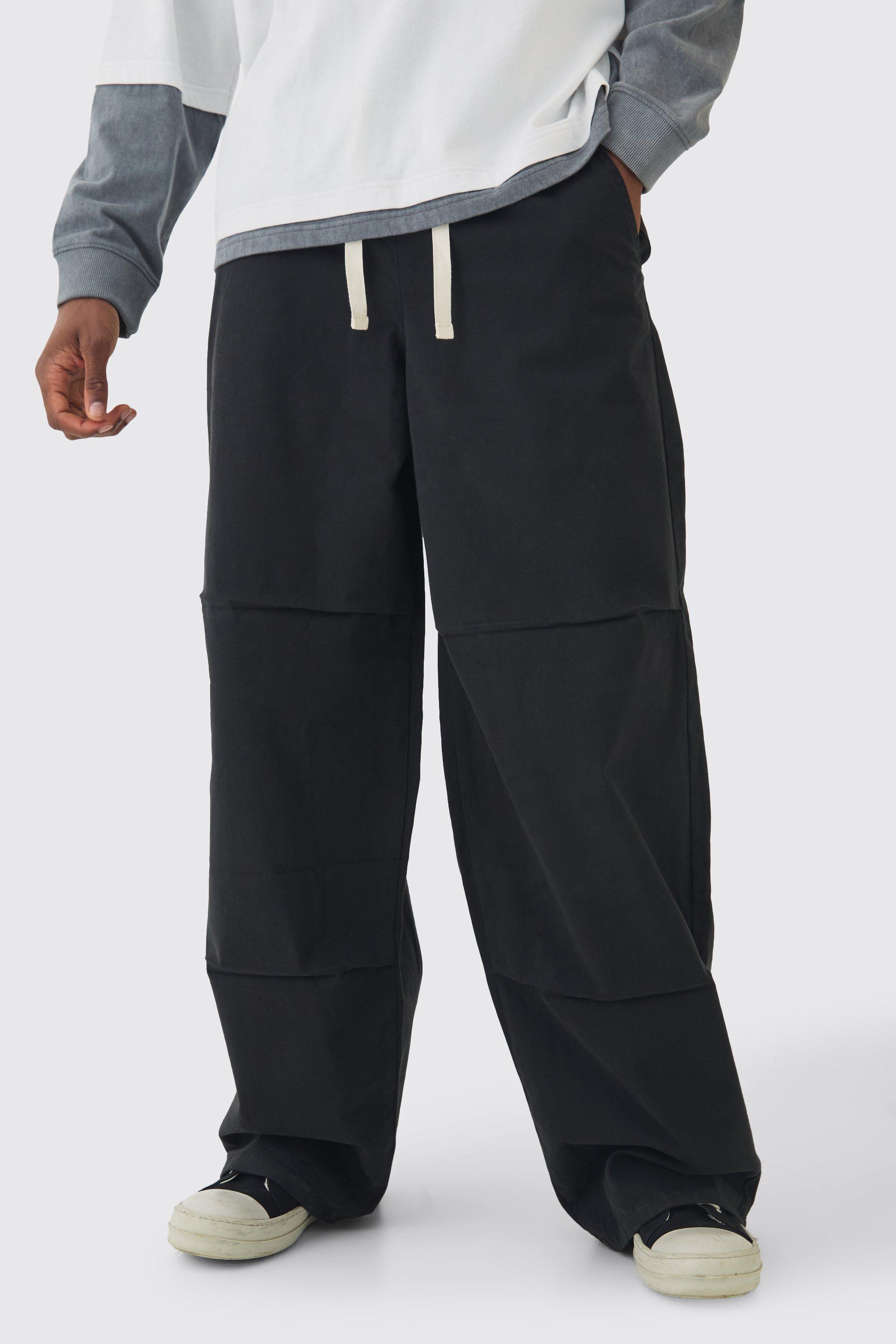 Mens Black Tall Baggy Fit Elasticated Waist Contrast Drawcord Trousers, Black