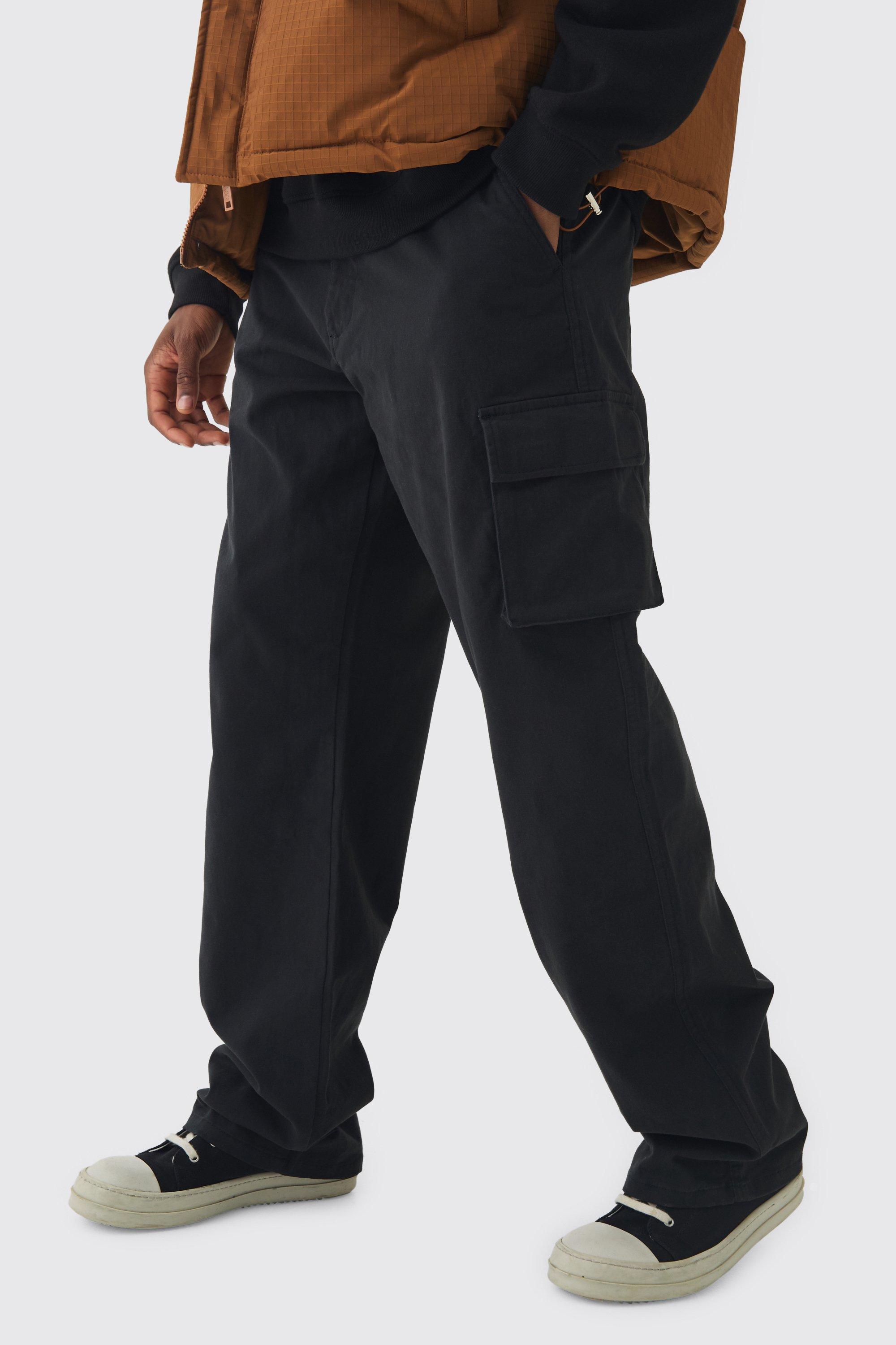 Mens Black Tall Relaxed Fit Fixed Waist Cargo Trousers, Black