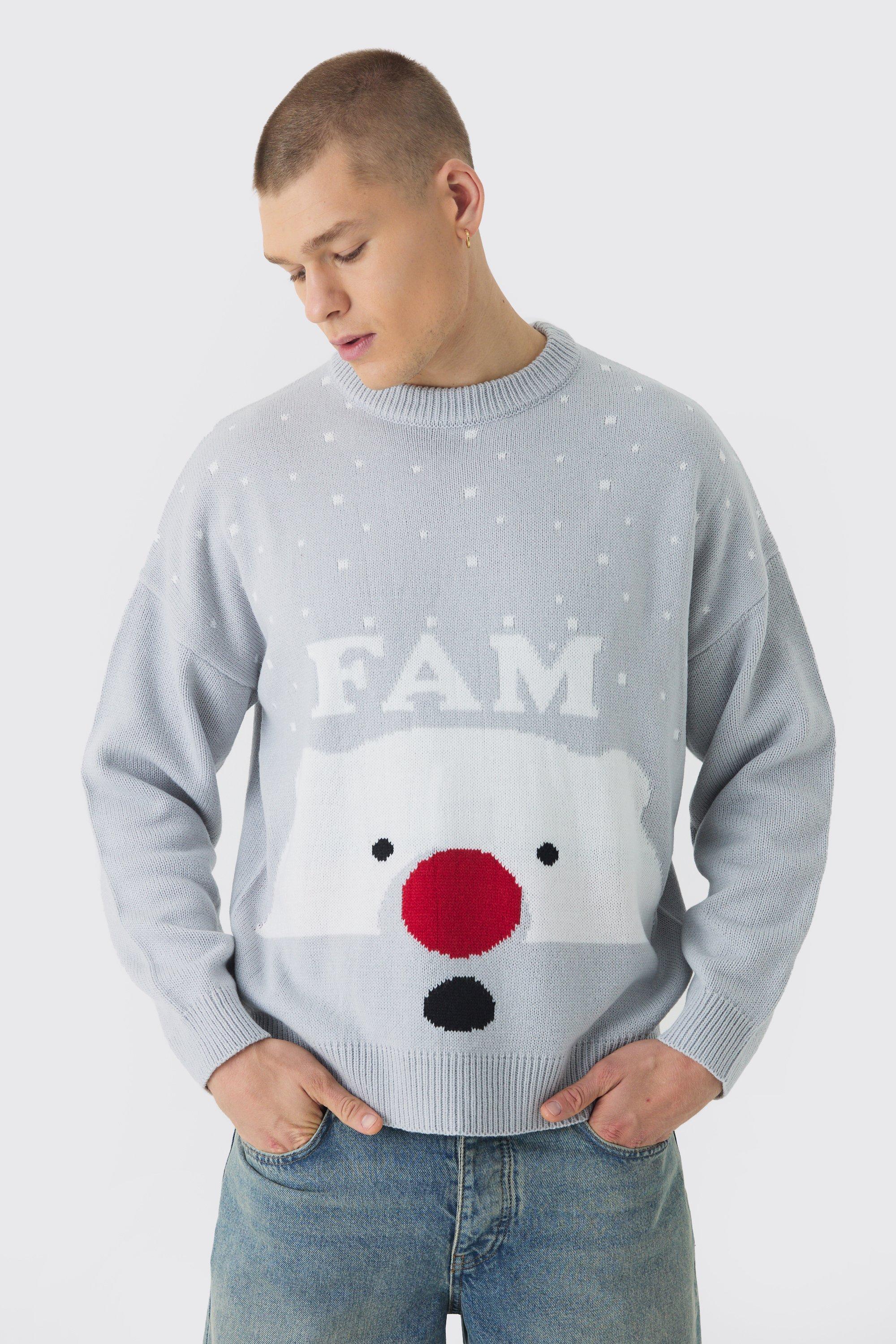 Mens Beige Regular Fit Fam Knitted Christmas Jumper, Beige