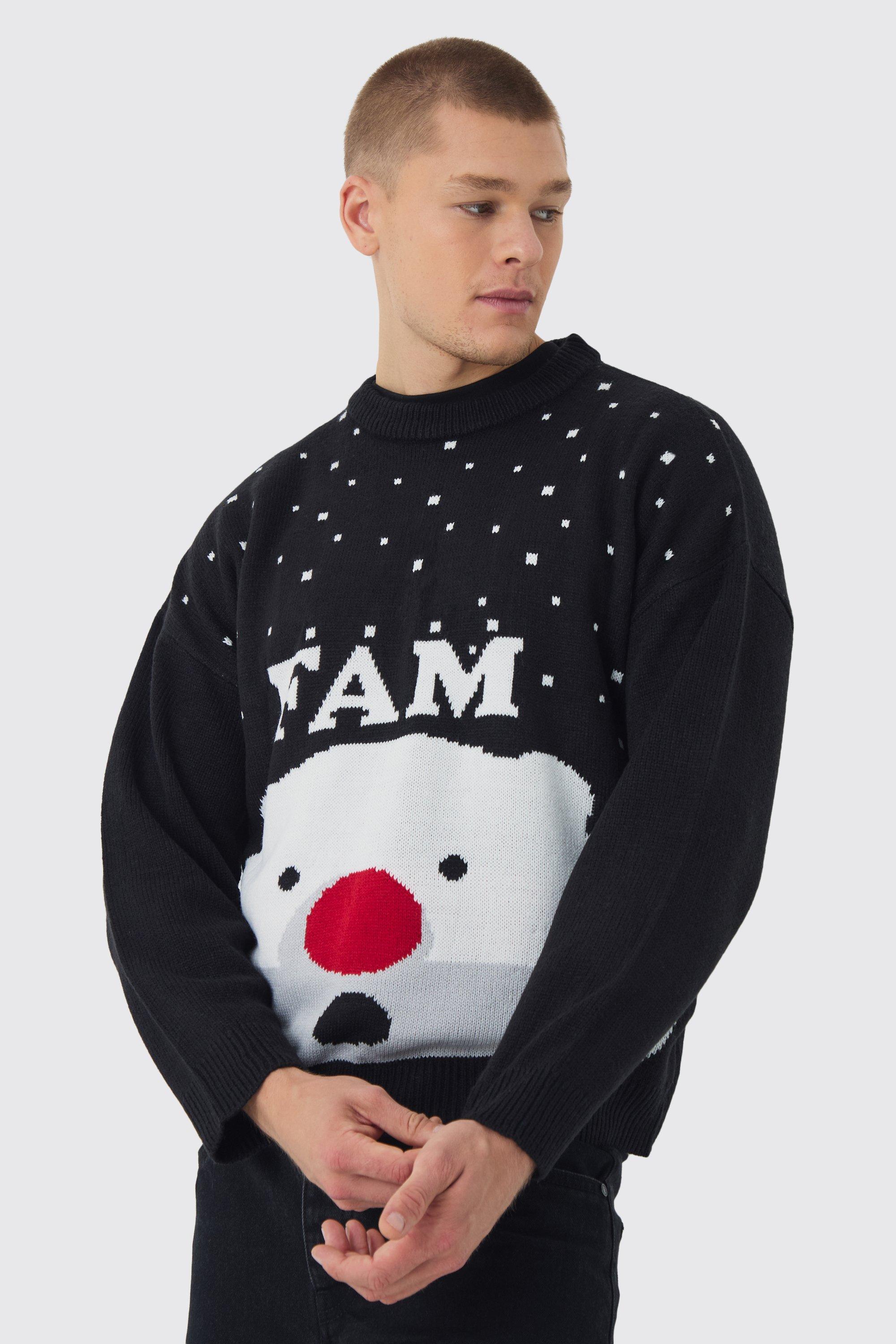 Mens Black Regular Fit Fam Knitted Christmas Jumper, Black