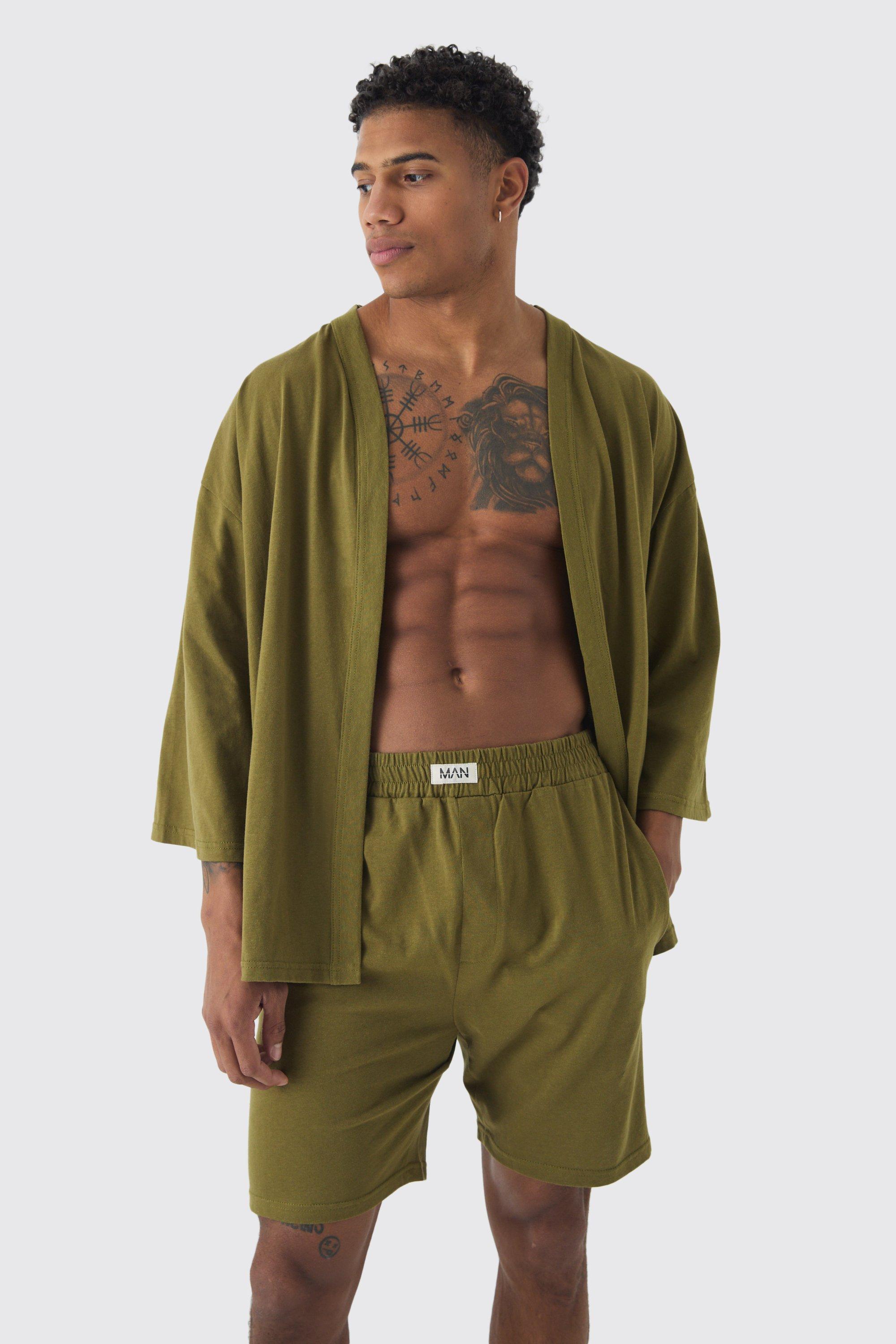 Mens Green Oversized Kimono & Short Set, Green