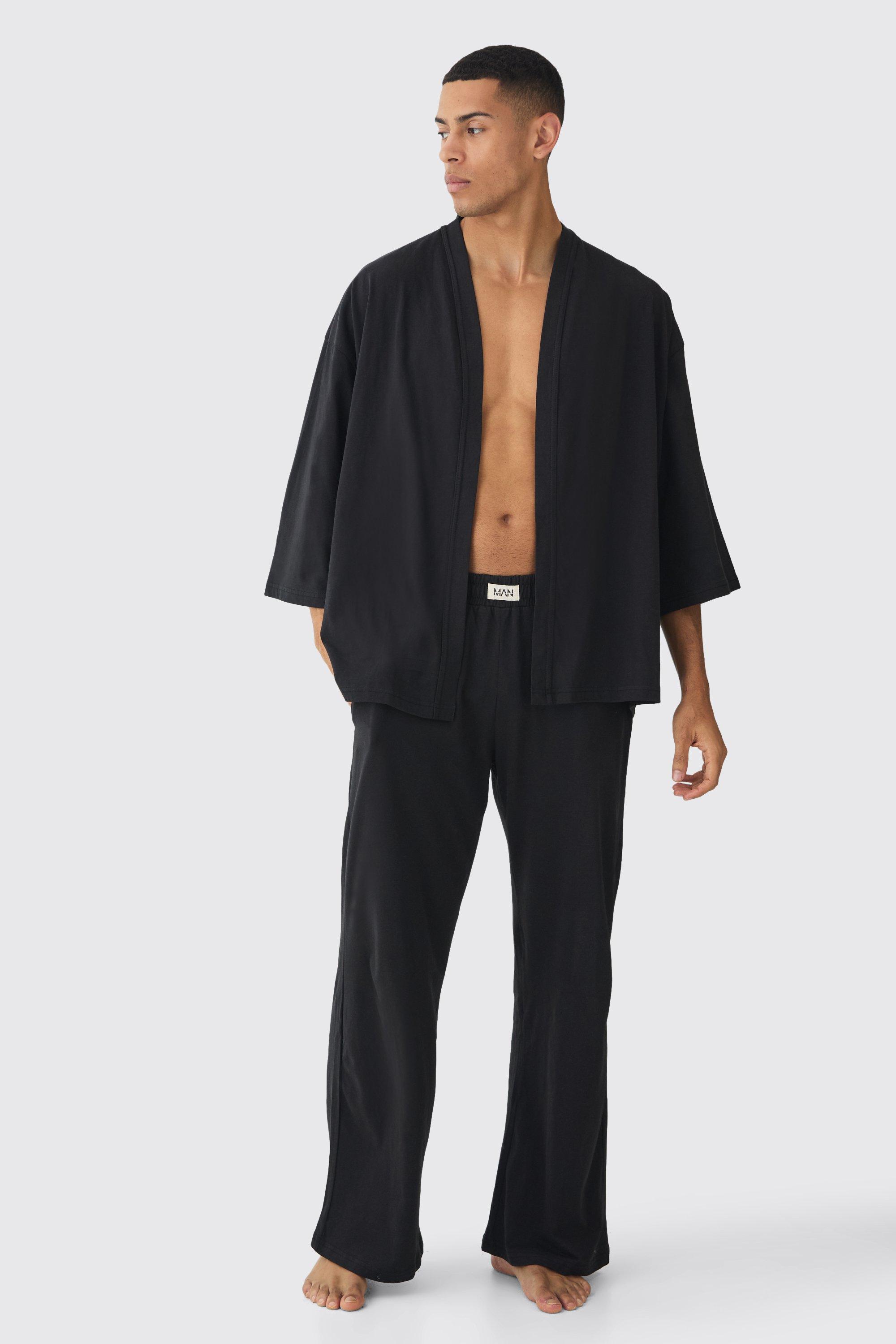 Mens Black Oversized Kimono & Wide Leg Bottoms Set, Black