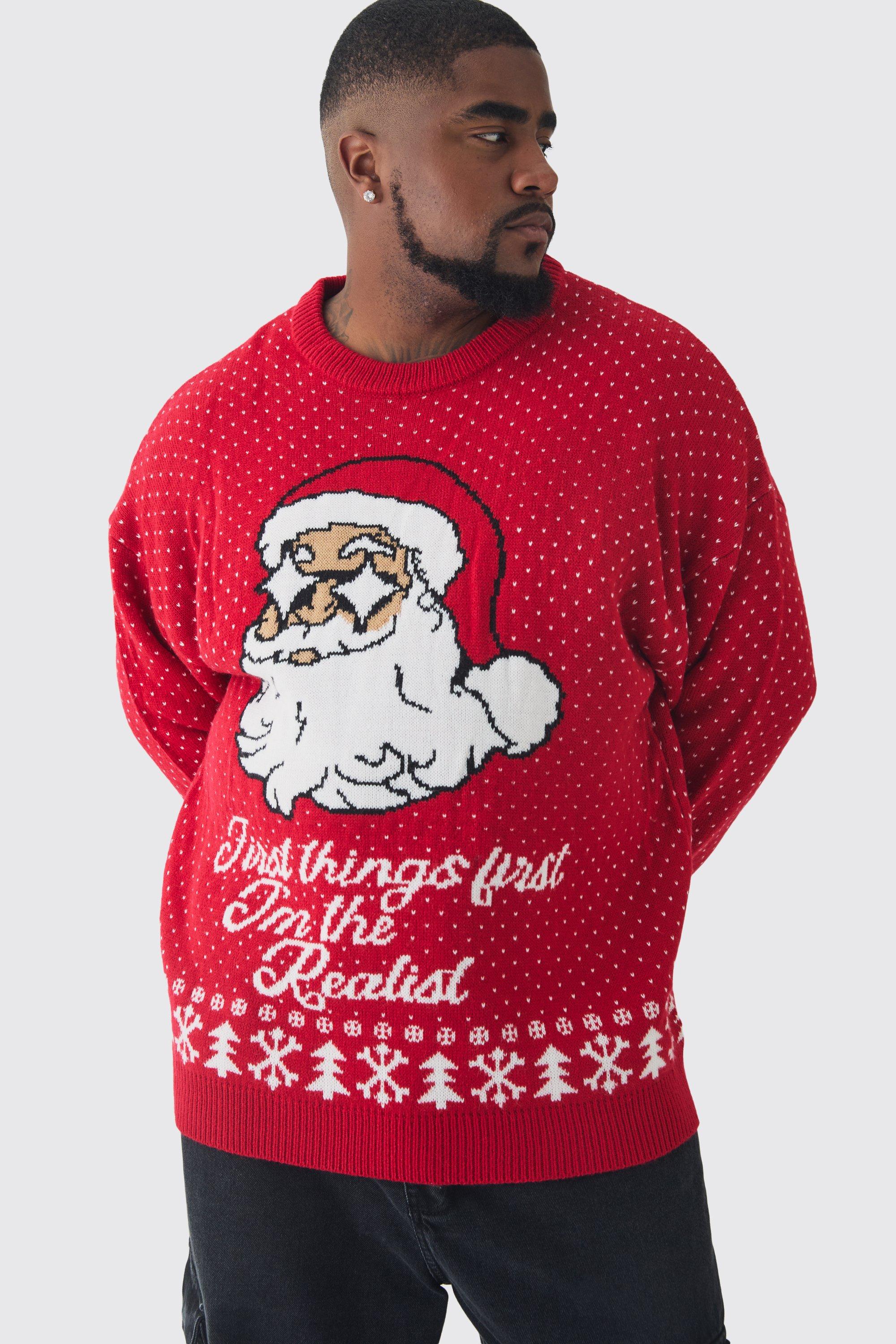 Mens Red Plus Disco Santa Christmas Jumper, Red