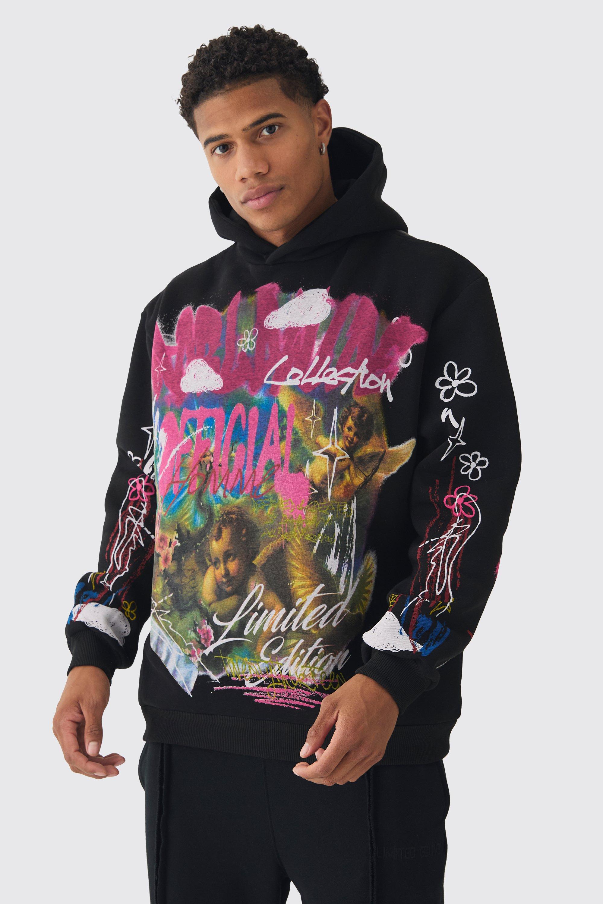 Mens Black Oversized Graffiti Renaissance Over Seams Graphic Print Hoodie, Black