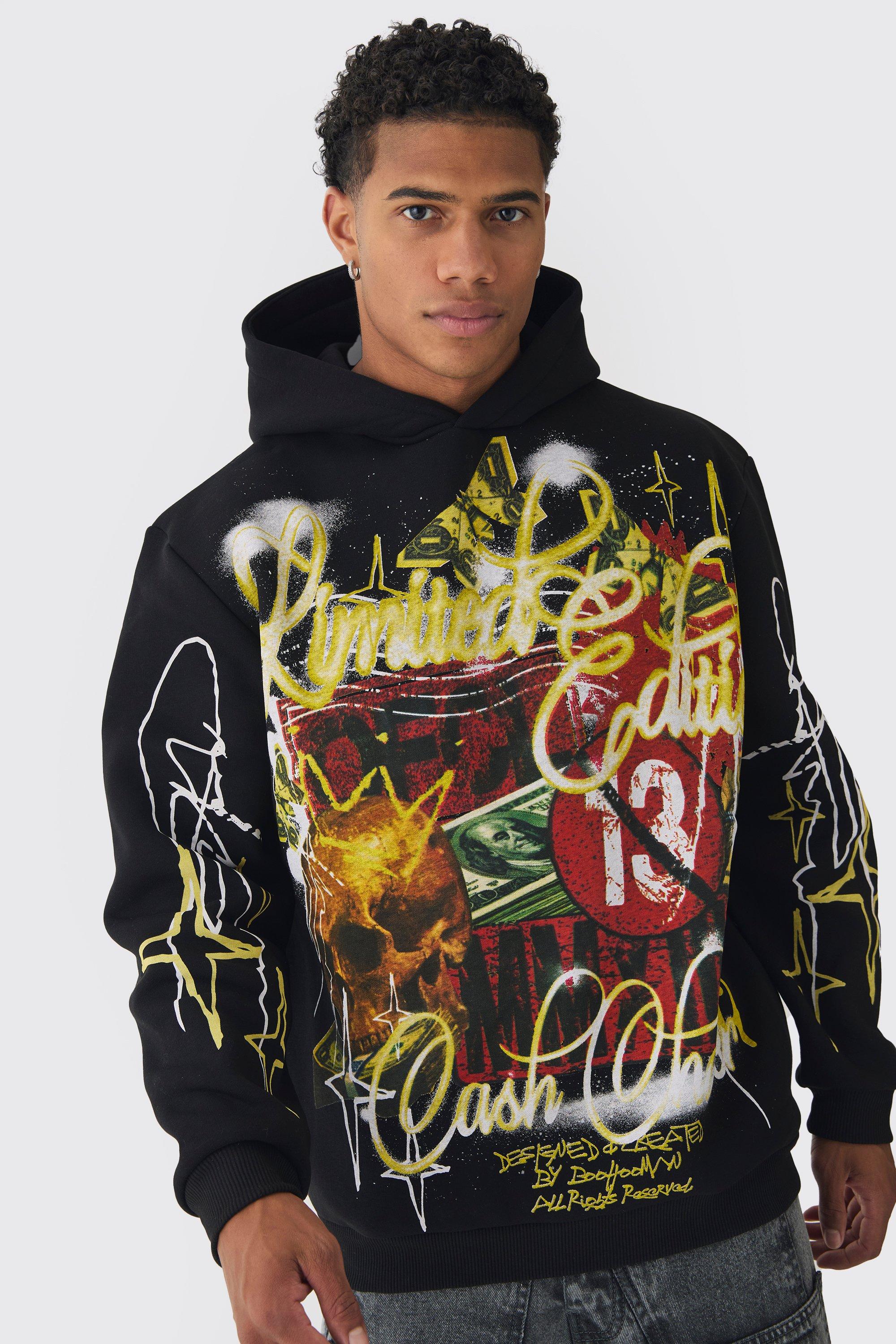 Mens Black Oversized Graffiti Slogan Over Seams Graphic Print Hoodie, Black