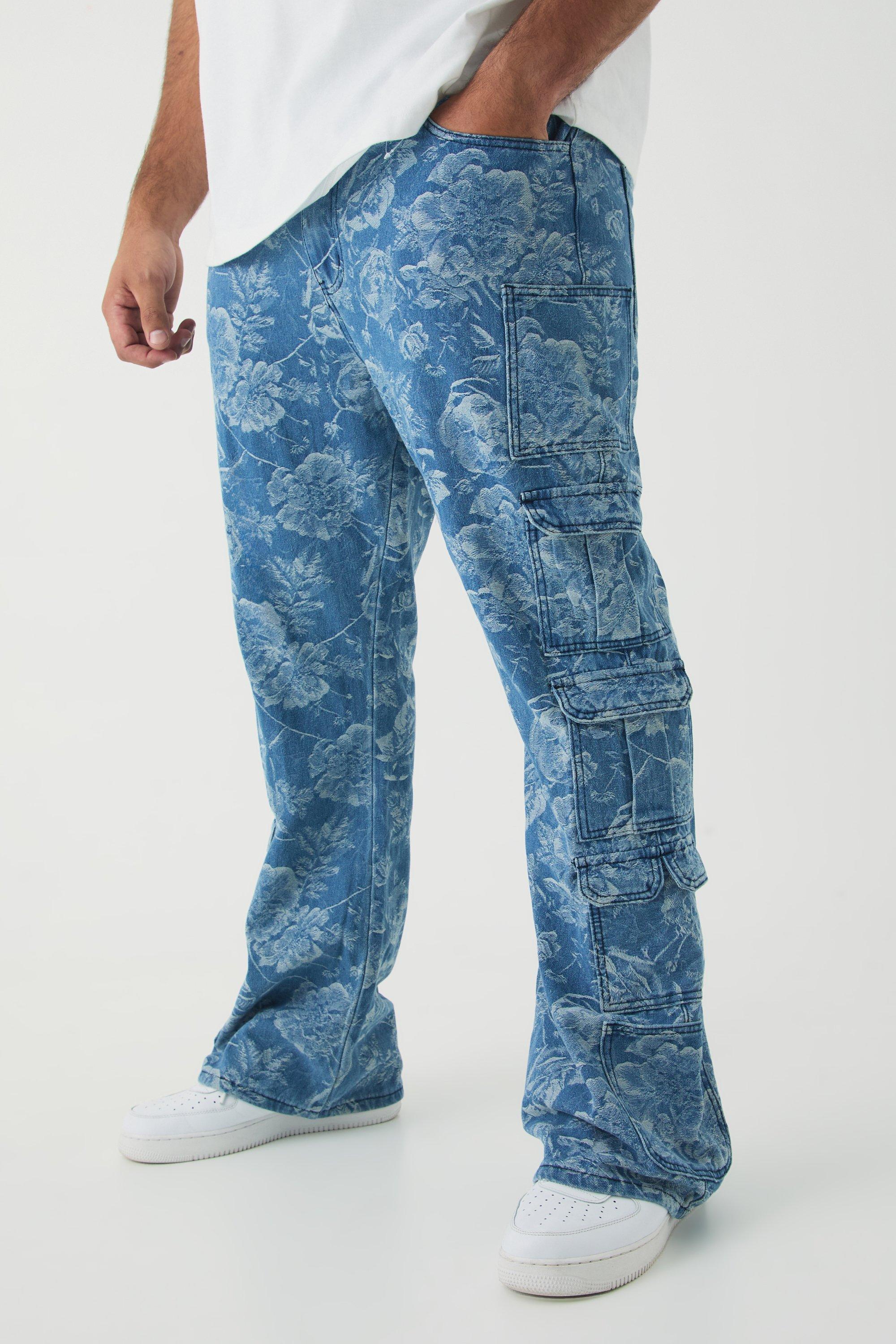 Boohoo Plus Flared Jacquard Bloemen Cargo Jeans, Mid Blue