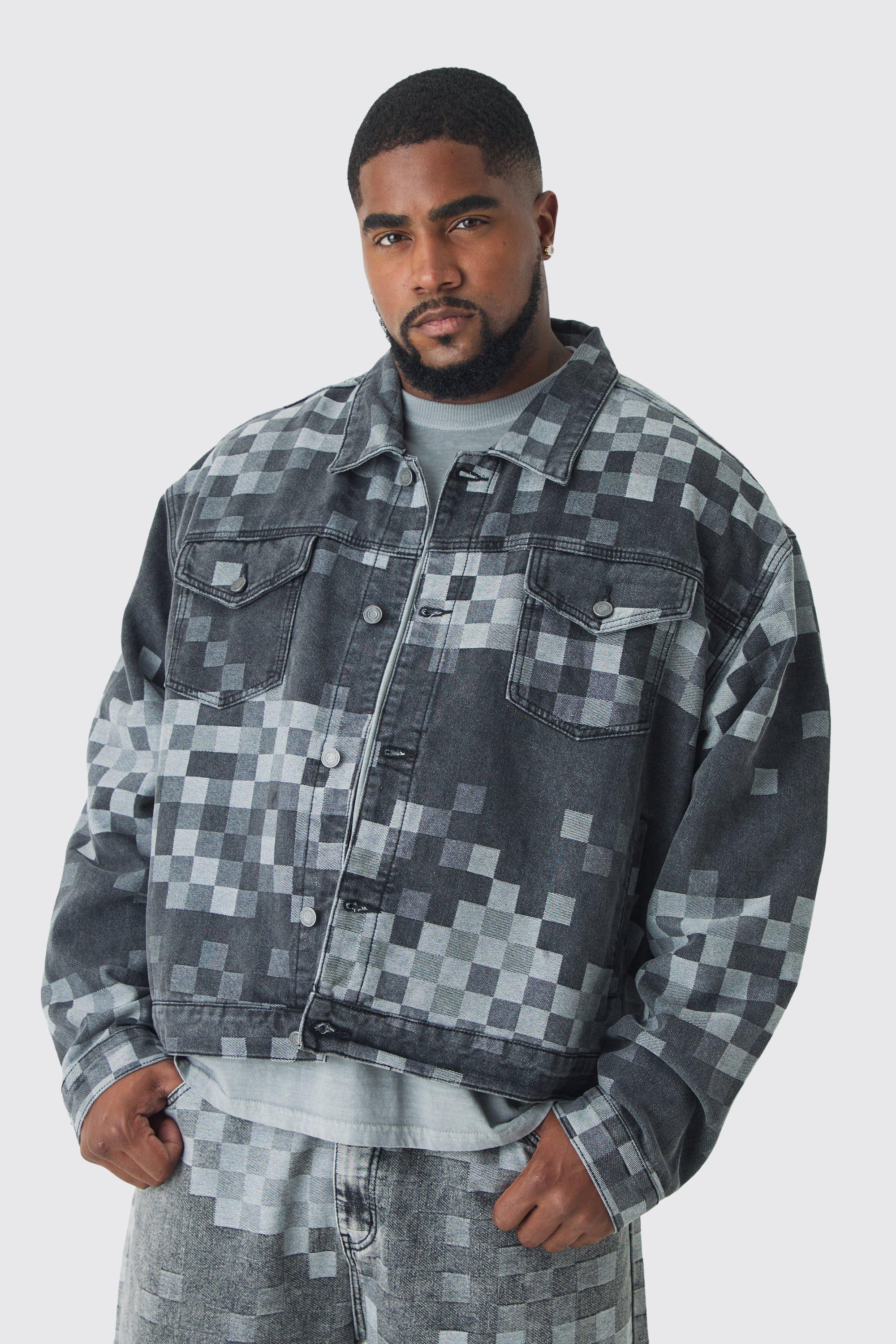 Giacca in denim Plus Size a quadri in jacquard, Grigio