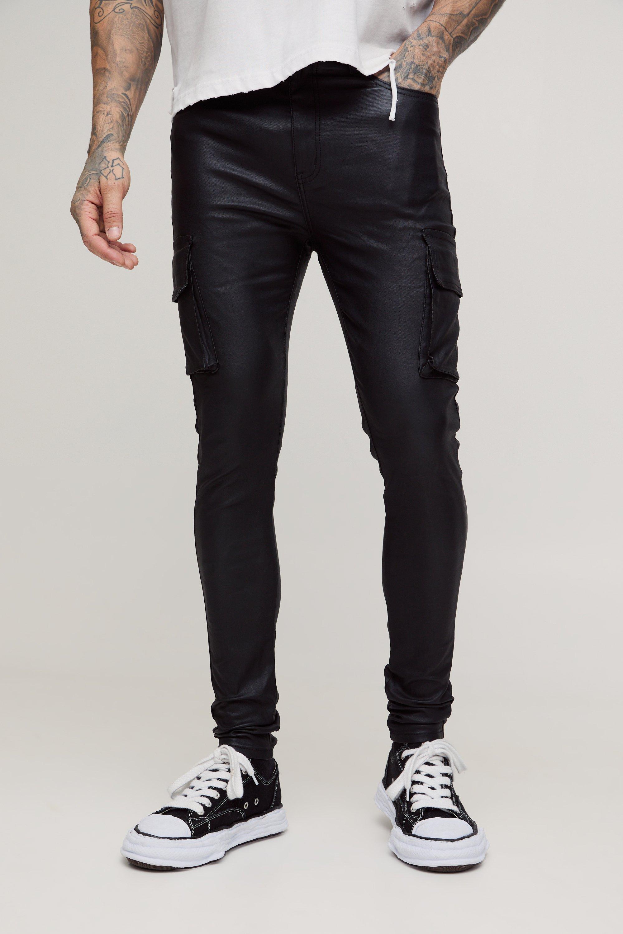 Mens Black Tall PU Coated Super Skinny Cargo Jeans, Black