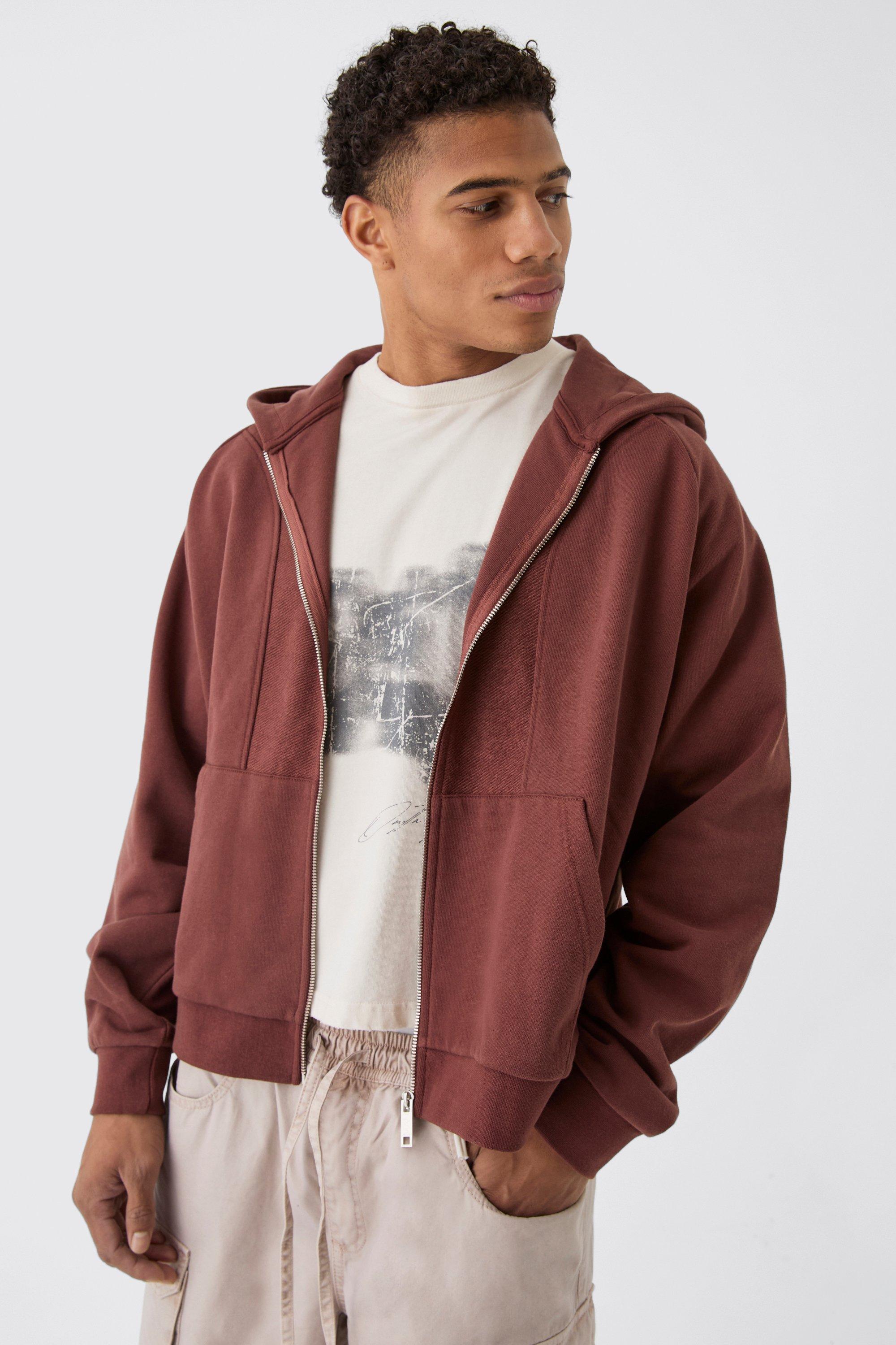 Felpa oversize con rovescio a ricci, cuciture e cappuccio, Brown