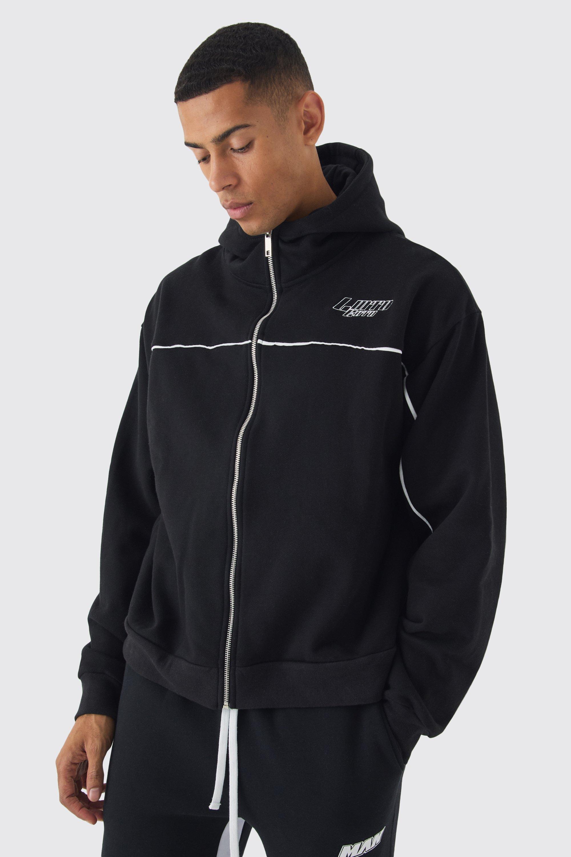Mens Black Oversized Boxy Heavyweight Embroidered Hoodie With Piping, Black