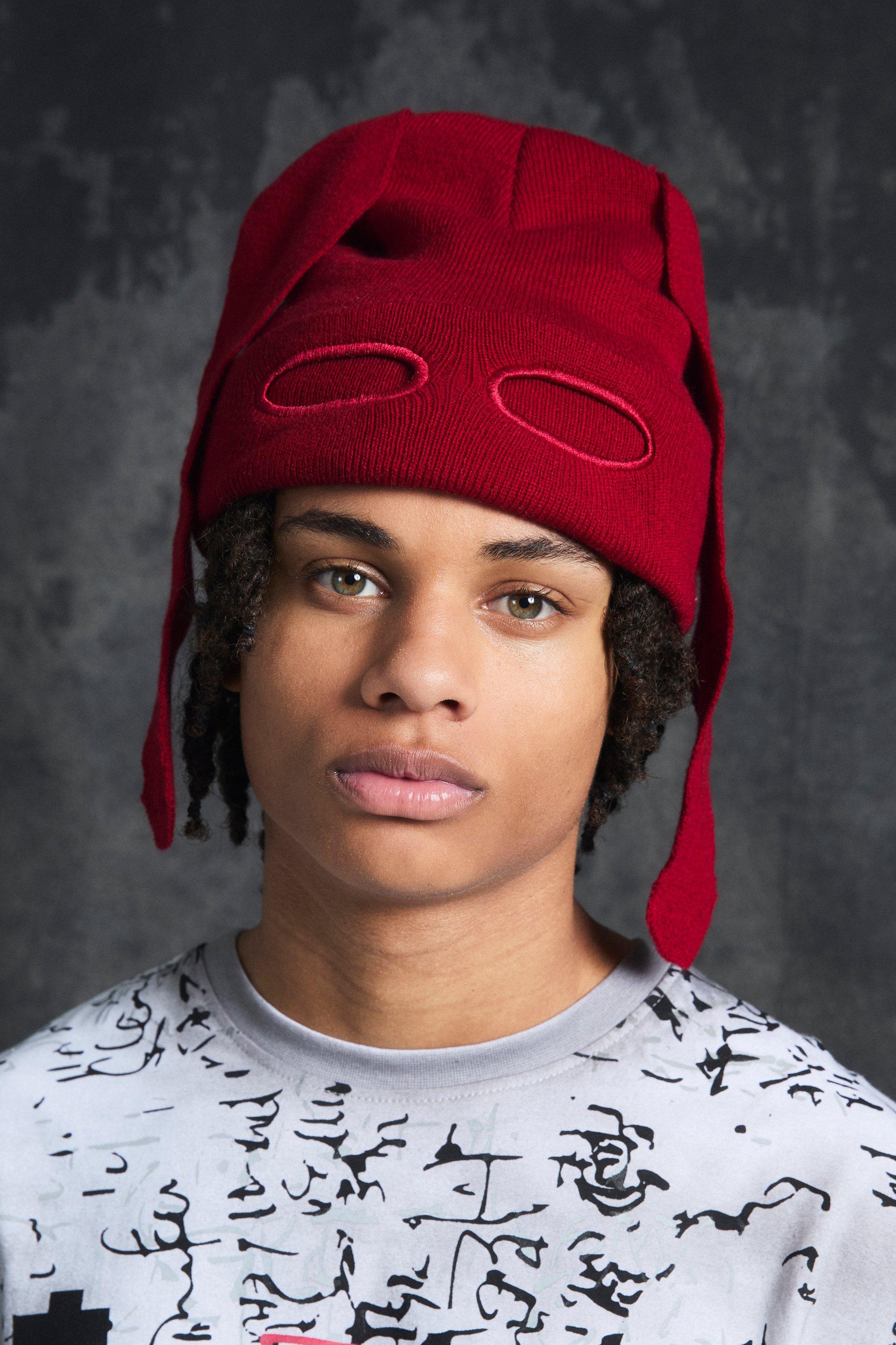 Boohoo Trippie Redd Ribbed Bunny Ears Beanie In Red, Red