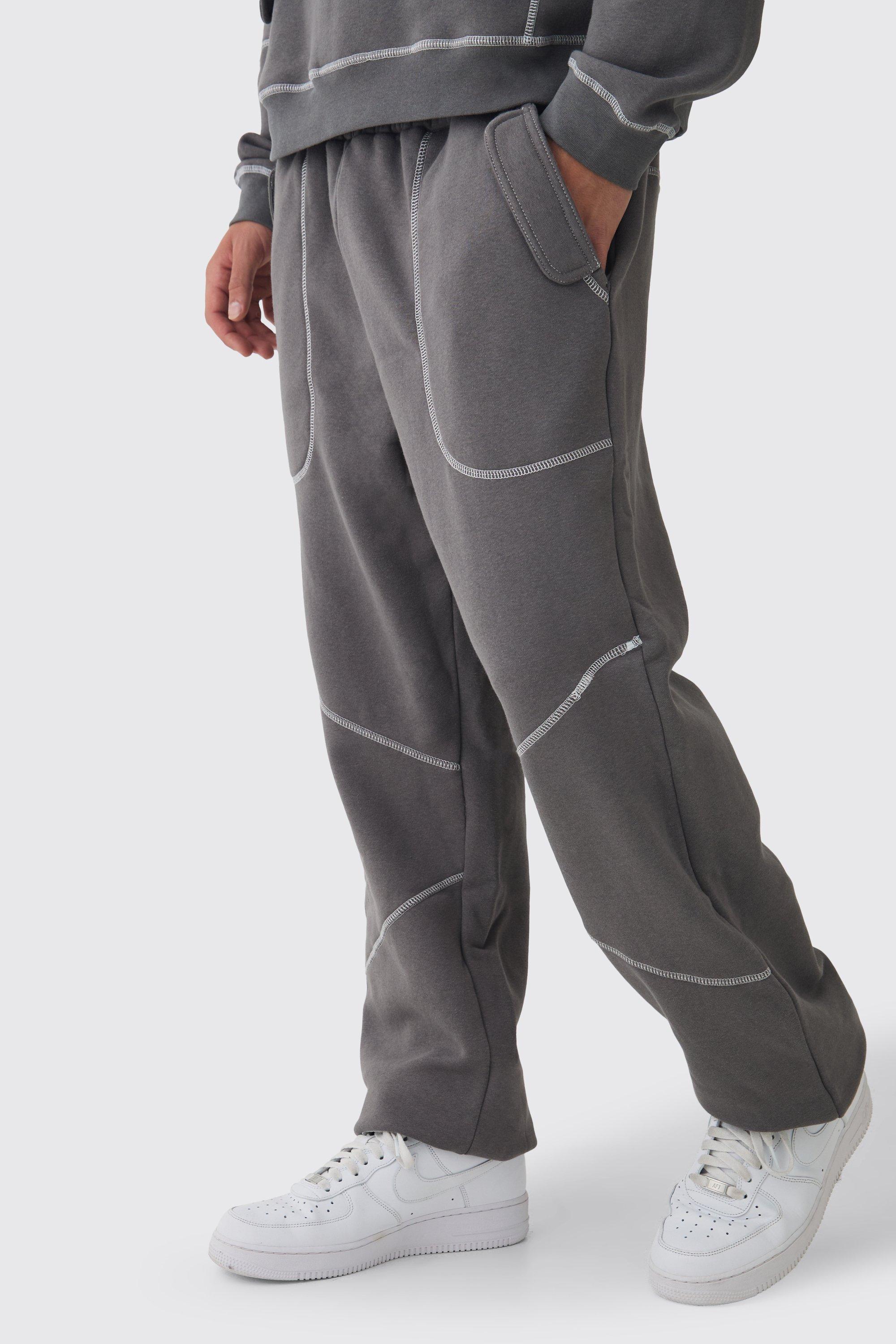 Mens Grey Oversized Contrast Stitch Seam Detail Jogger, Grey