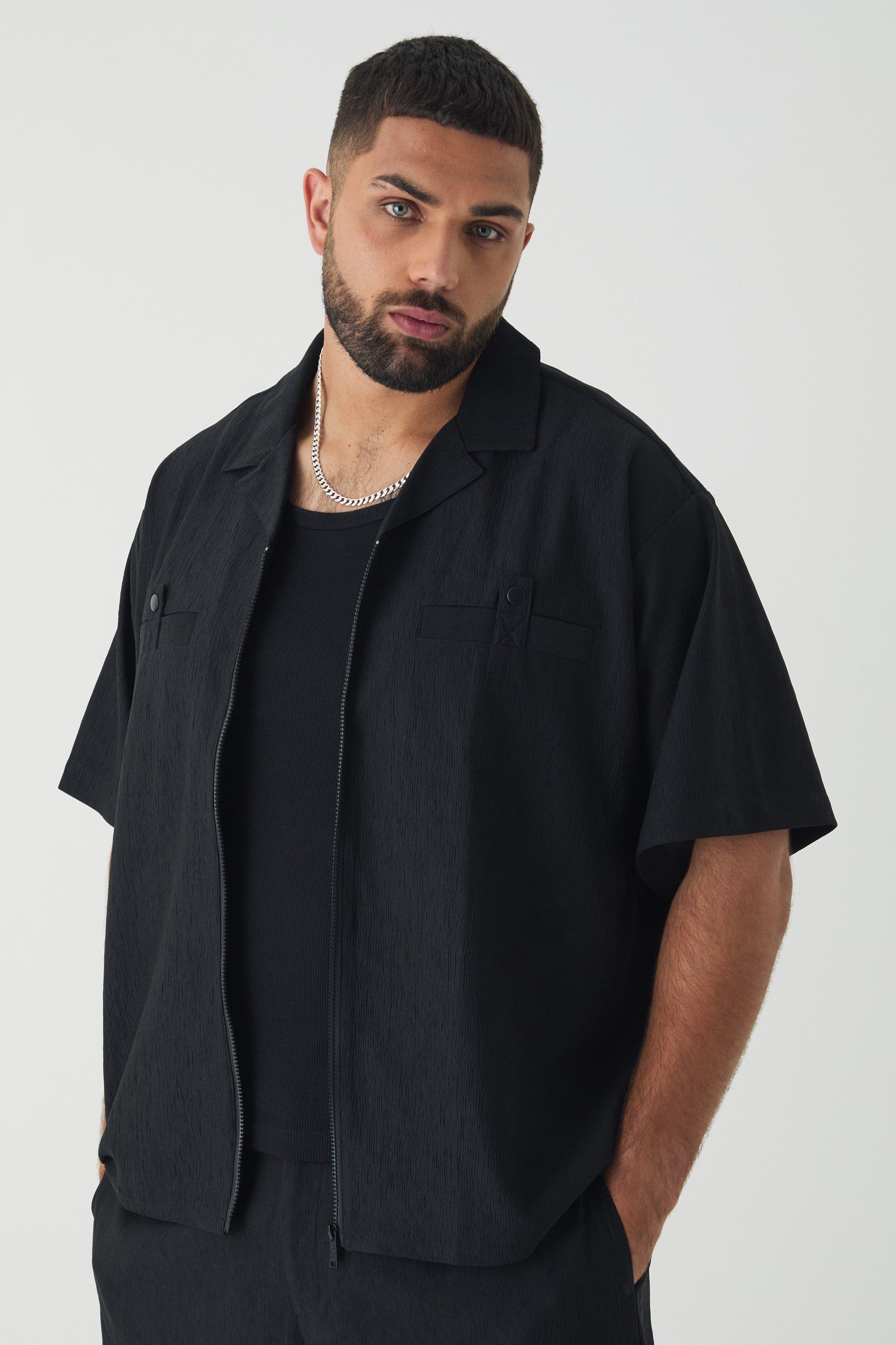 Camicia Plus Size con trama, pieghe e zip, Nero
