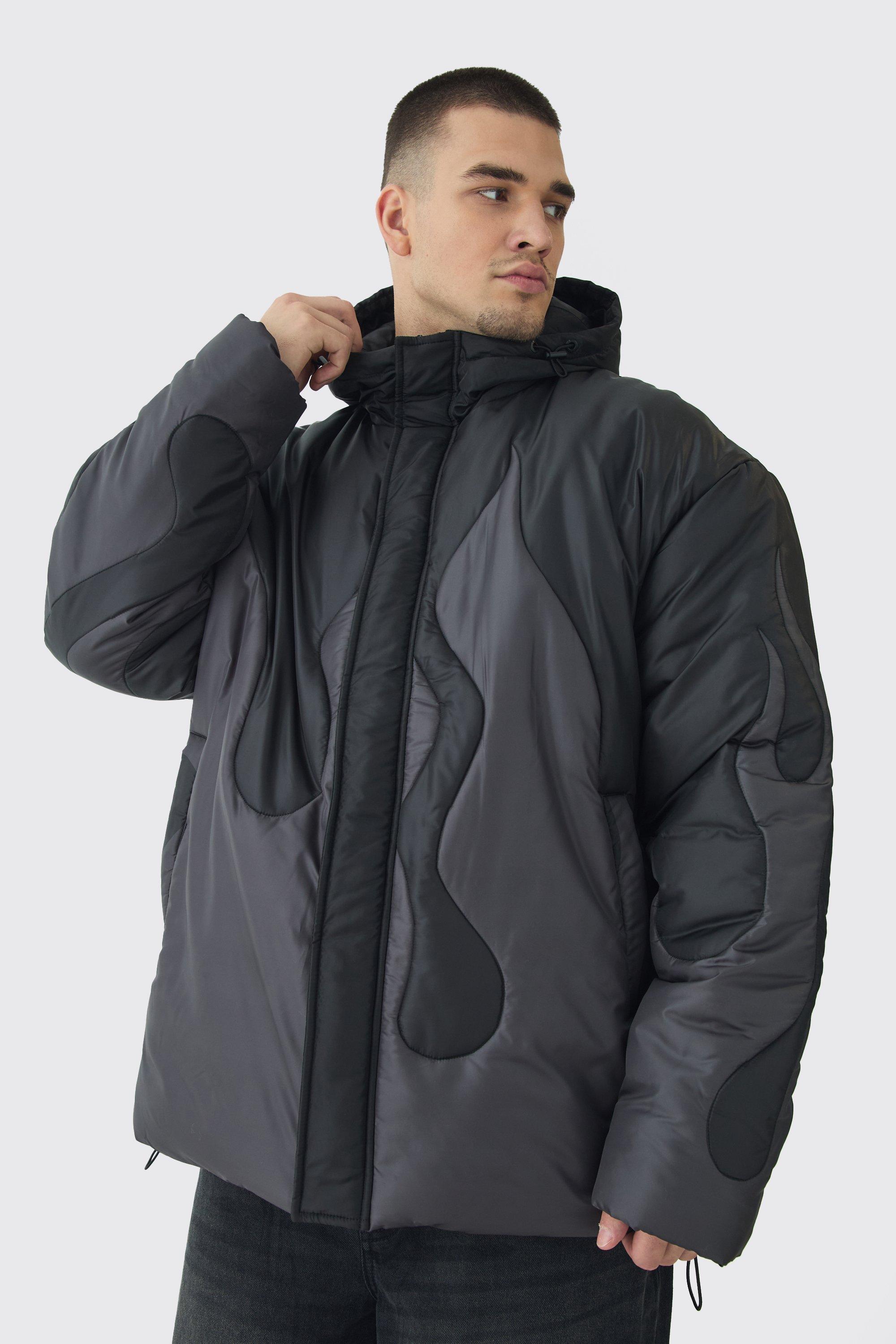 Mens Black Tall Flame Hooded Oversized Puffer Jacket, Black