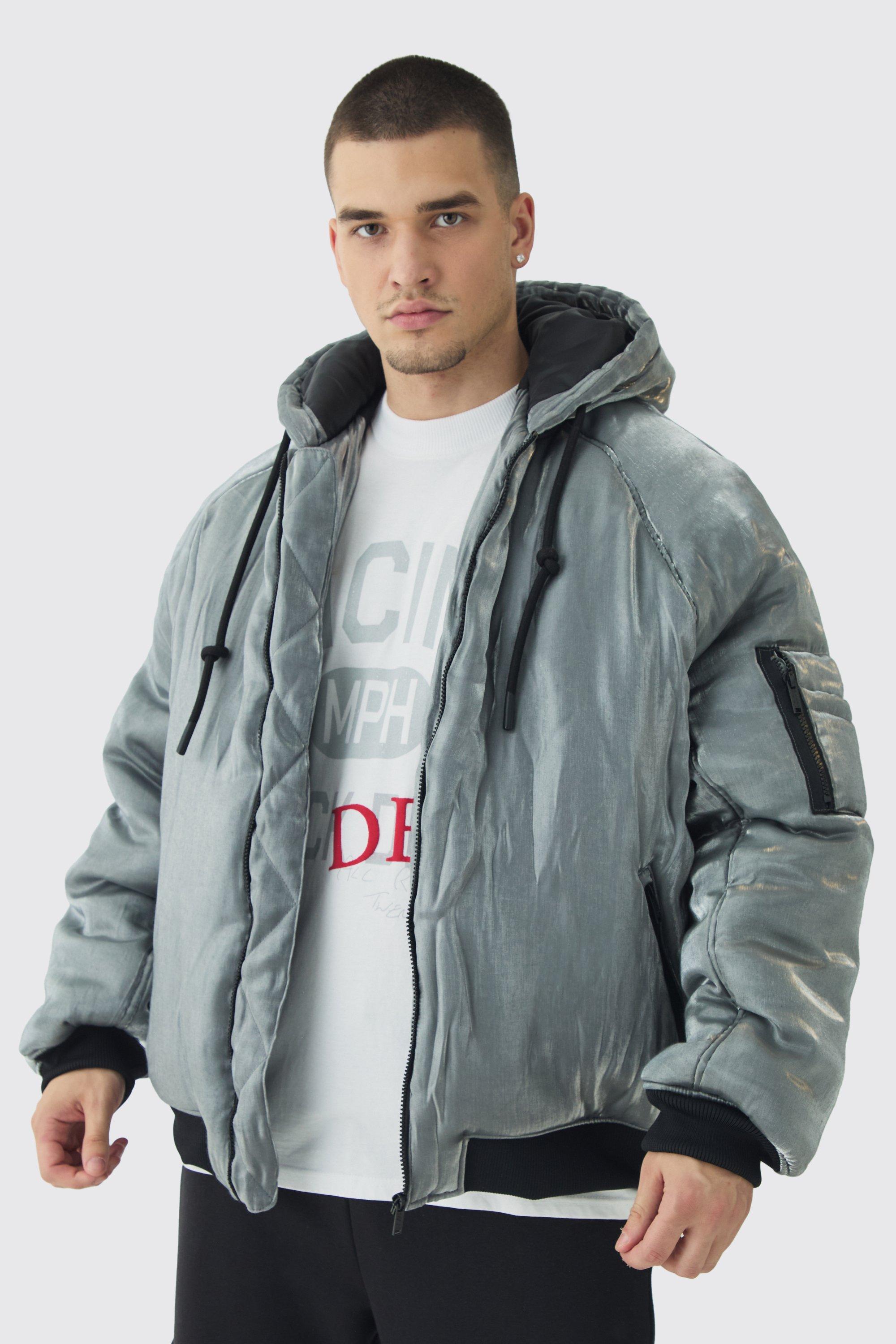 Giacca Bomber Tall imbottita metallizzata con cappuccio e cappuccio, Grigio