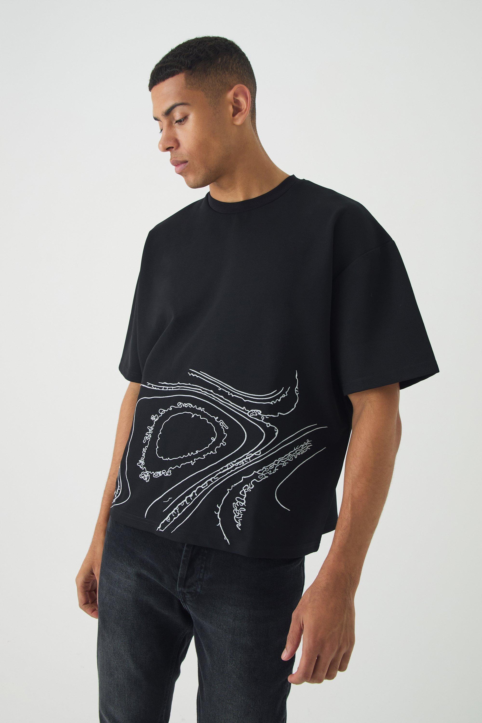 Mens Black Oversized Boxy Jersey Twill Abstract Embroidery T-shirt, Black