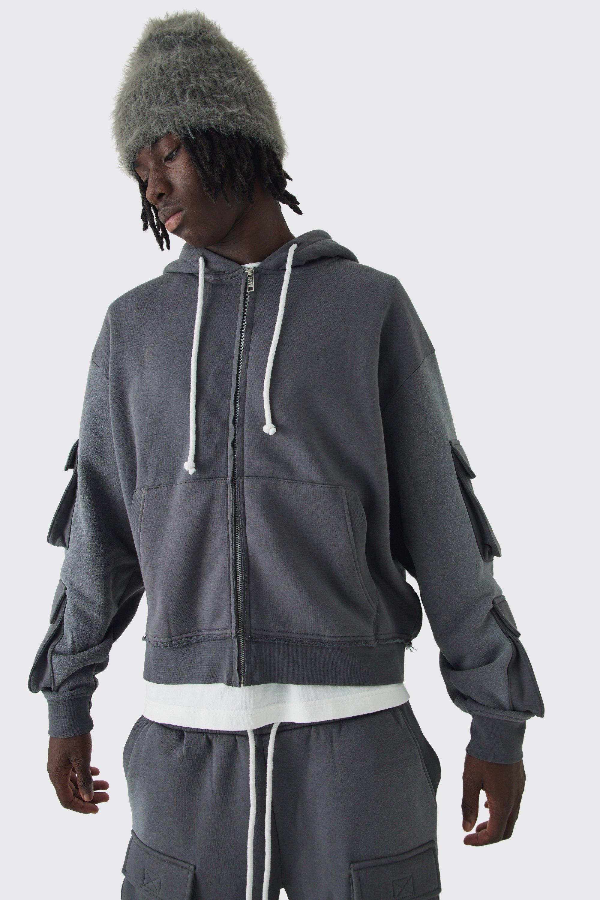 Mens Grey Oversized Boxy Utility Zip Through Brushback Hoodie, Grey