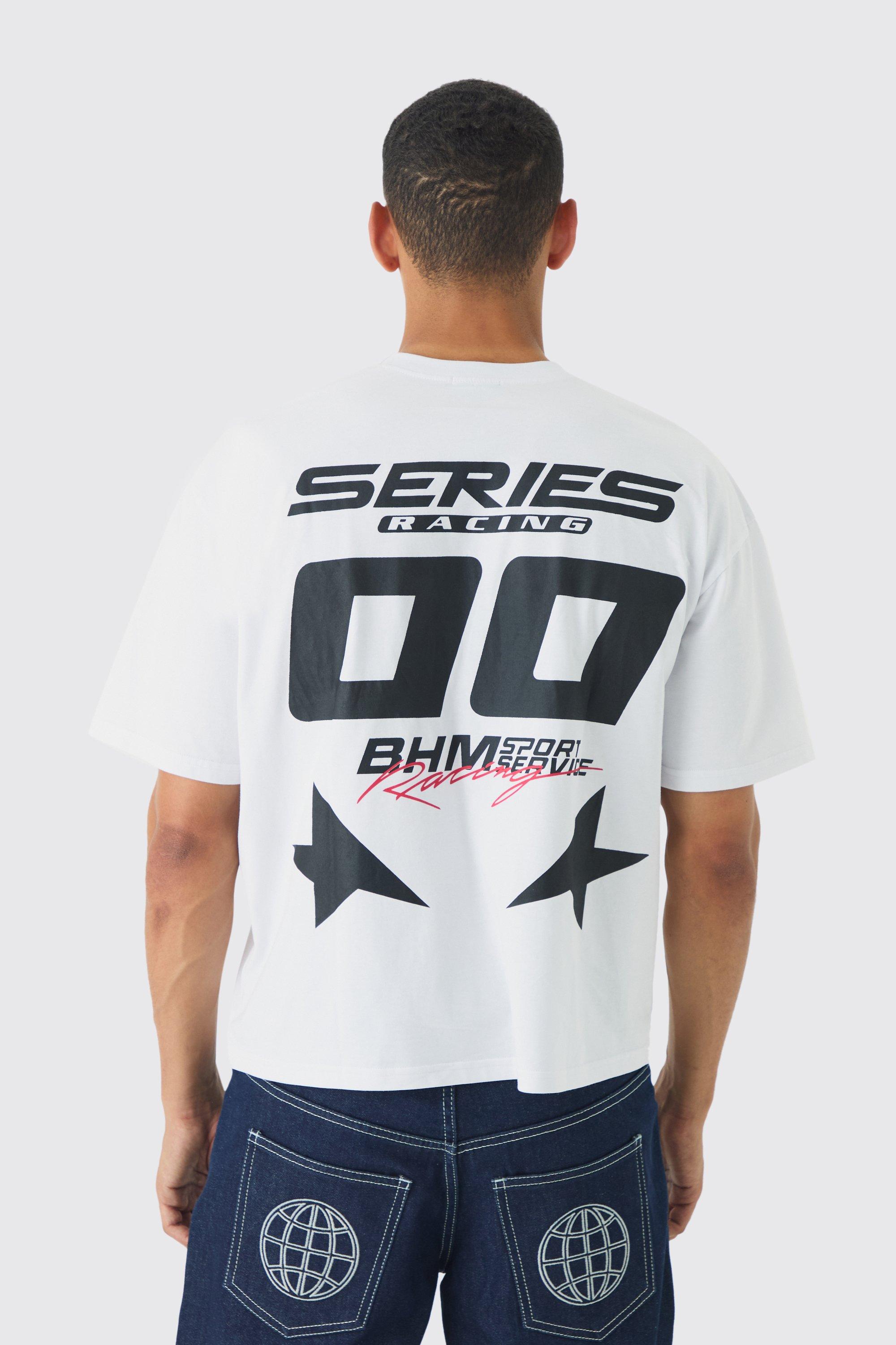 T-shirt squadrata oversize con stampa di moto, Bianco