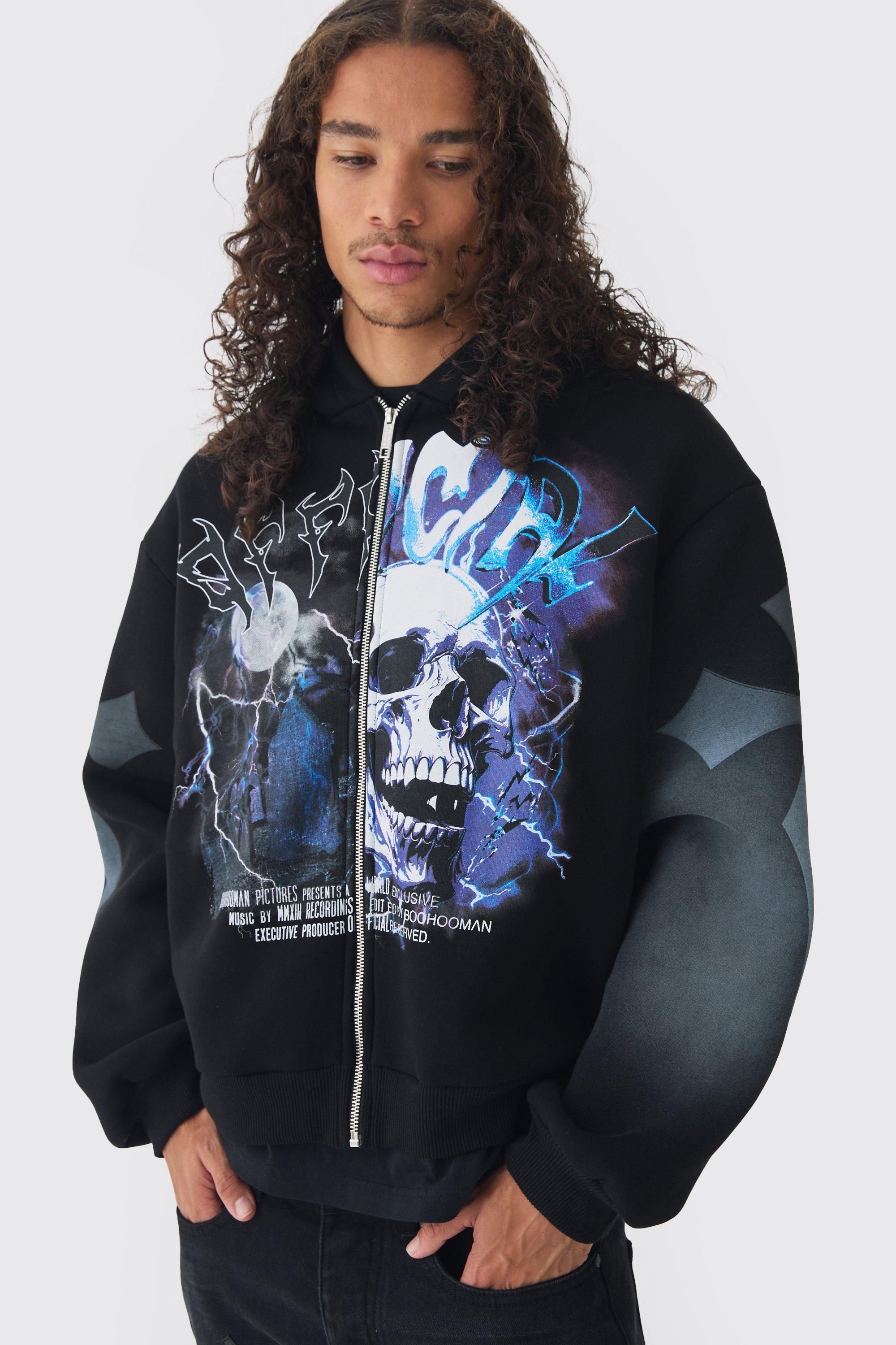 Mens Black Oversized Boxy Offcl Gothic Skull Zip Through Print Hoodie, Black